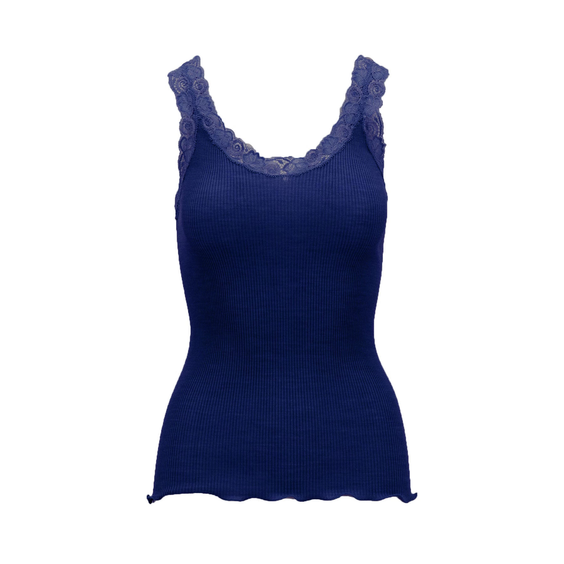 Oscalito 3410 Leavers Lace Trim Ribbed Tank in Bleu Marine – navy blue ribbed tank with elegant floral lace trim on neckline and shoulders. Flay lay without model.