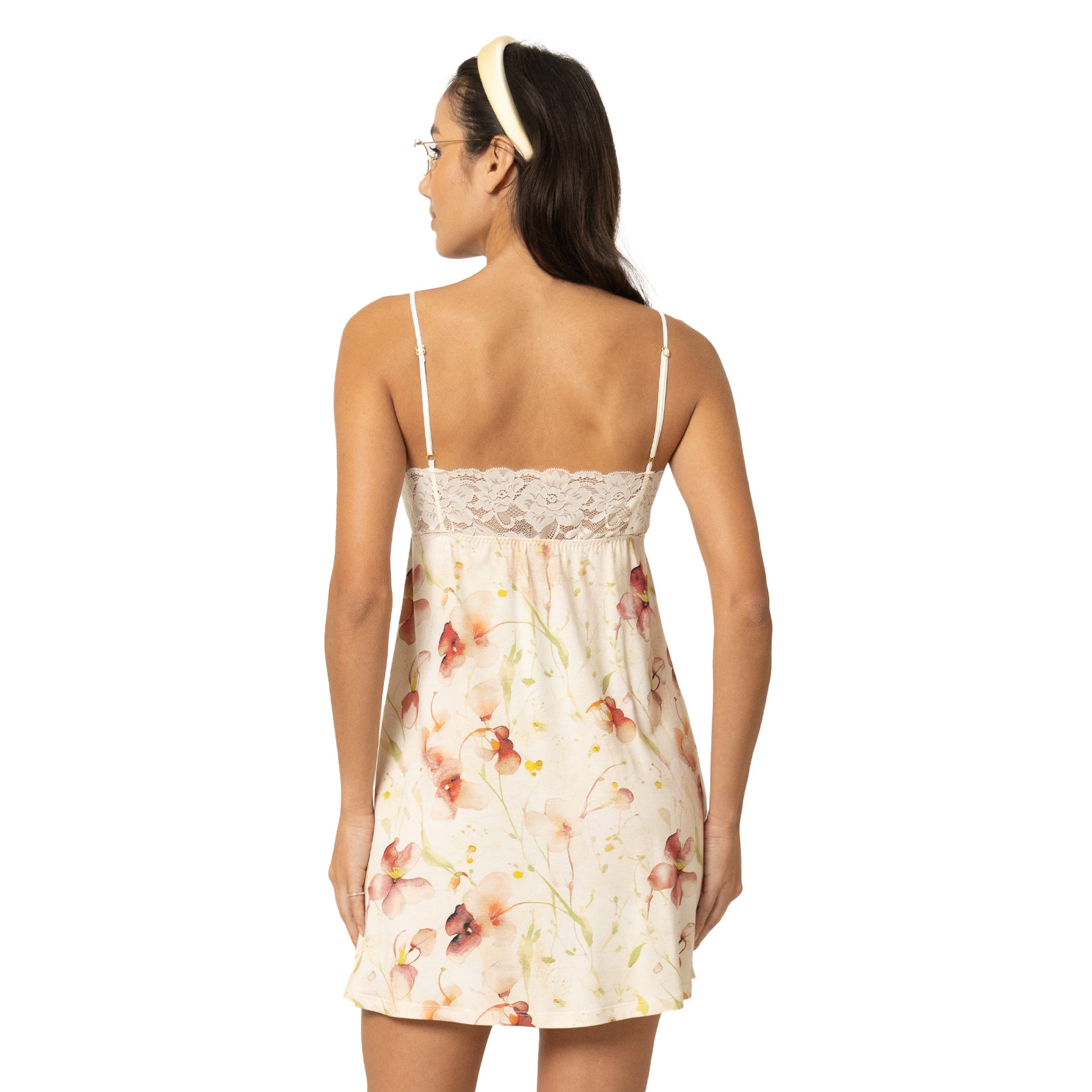 Back view of cream floral nightdress with lace back panel and soft flowing silhouette