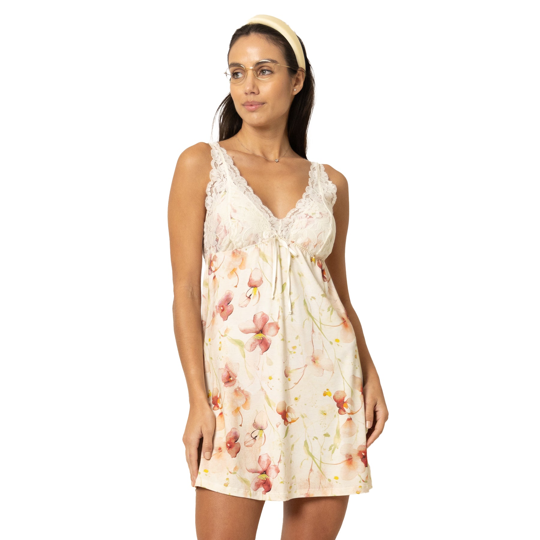 Cream floral nightdress with lace trim and soft A-line shape, angled front view