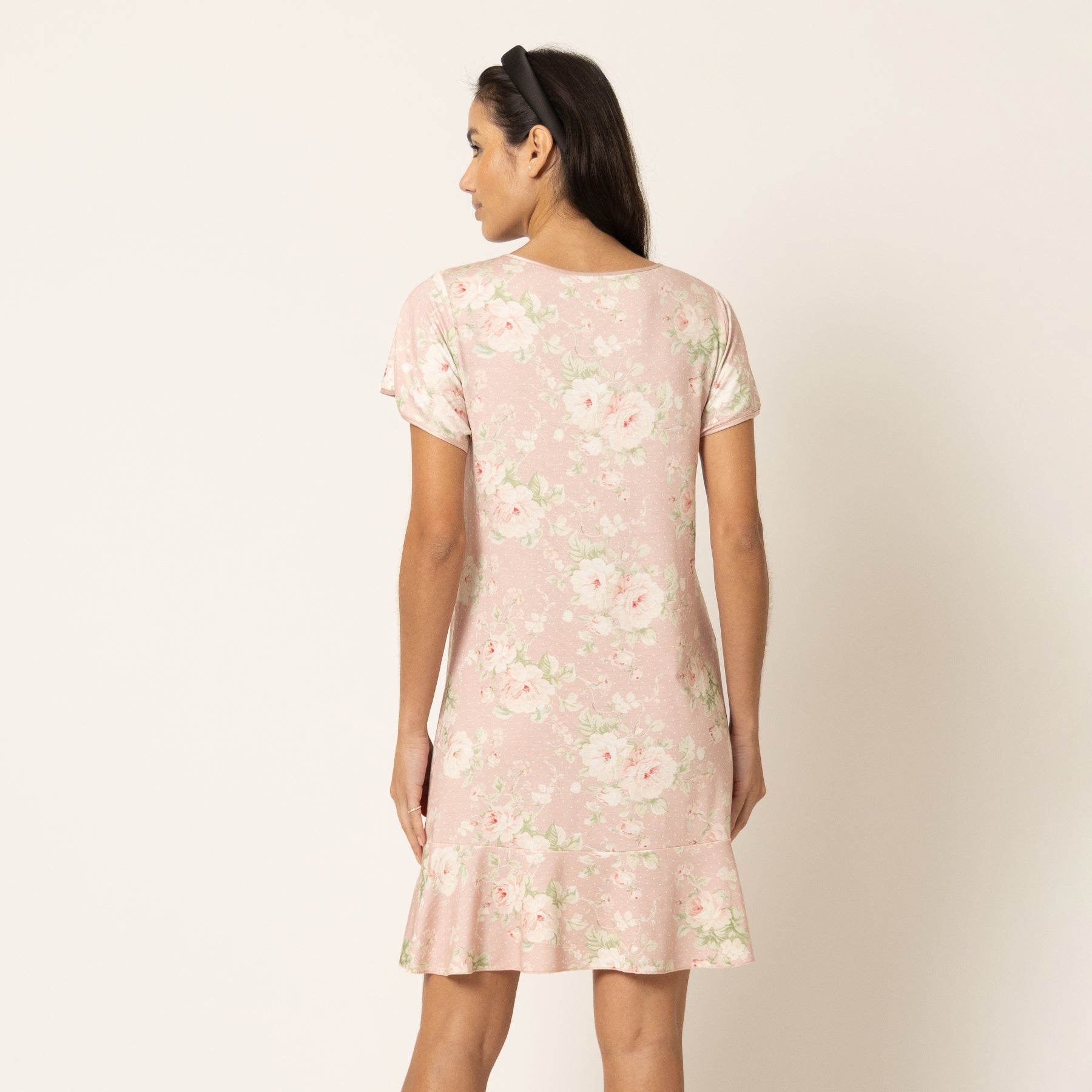 Soft pink floral nightgown with ruffle hem and delicate print, back view