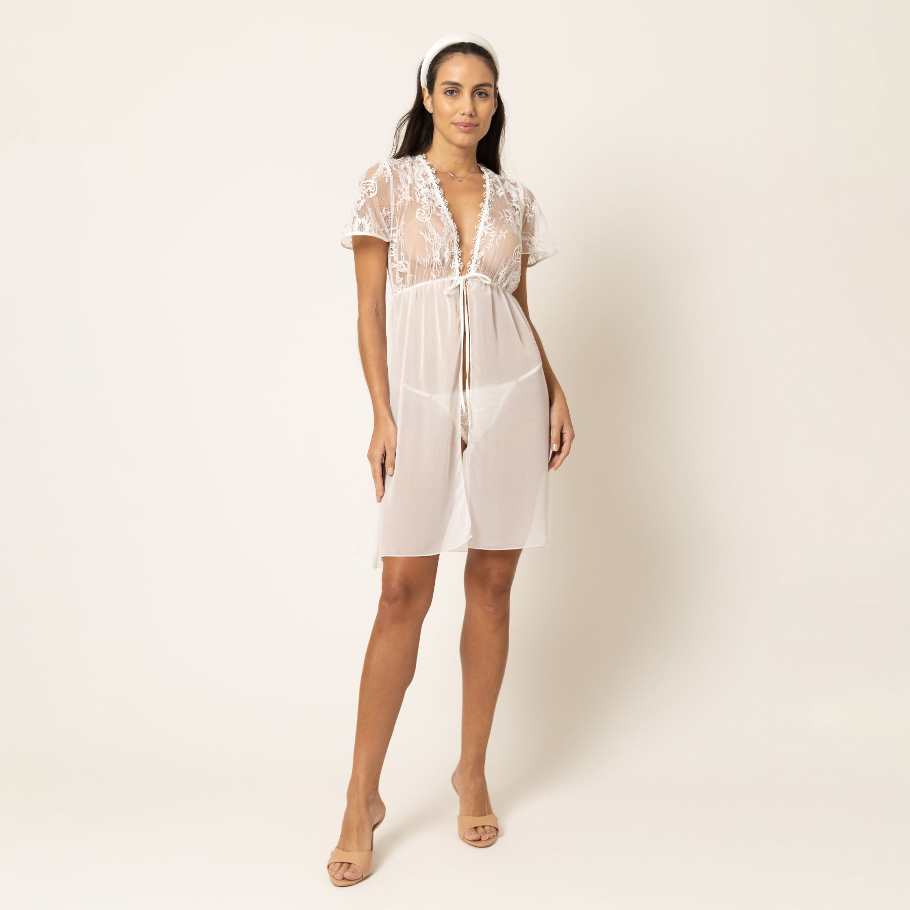 Lightweight white bridal lace robe with sheer chiffon skirt, styled full body front angle