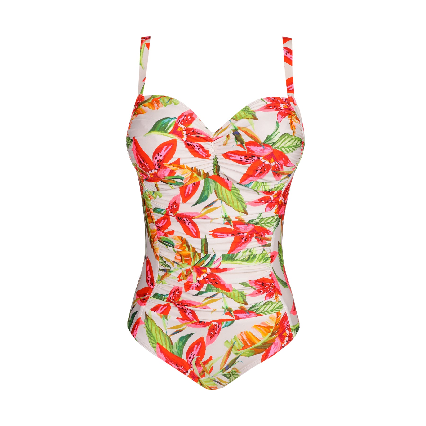 A one-piece swimsuit with a vibrant tropical floral print, featuring ruched details and adjustable straps.