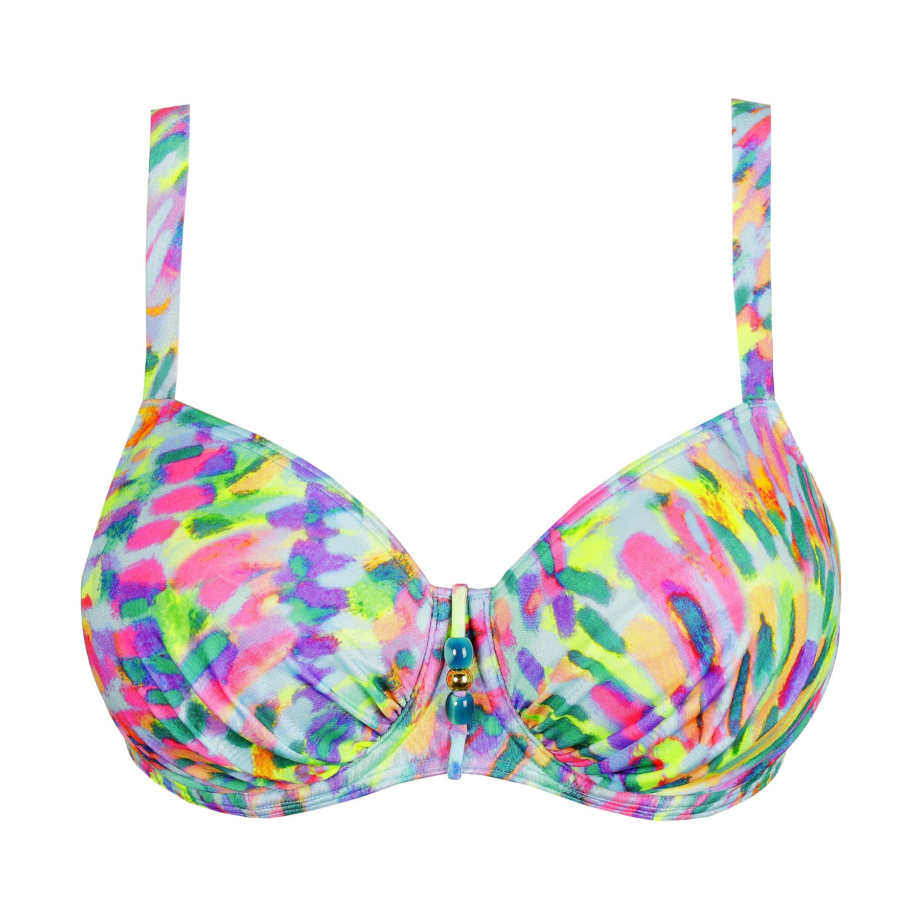 Front product image of abstract multicolour underwire bikini top with adjustable straps – style 401-4010.
