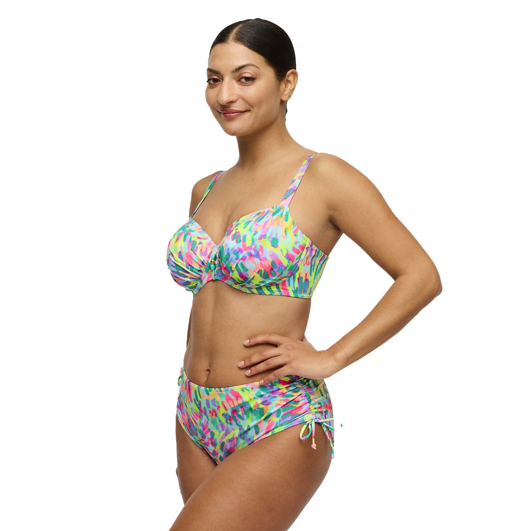 Woman modelling abstract multicolour underwire bikini top with matching ruched side-tie bottoms – style 401-4010.