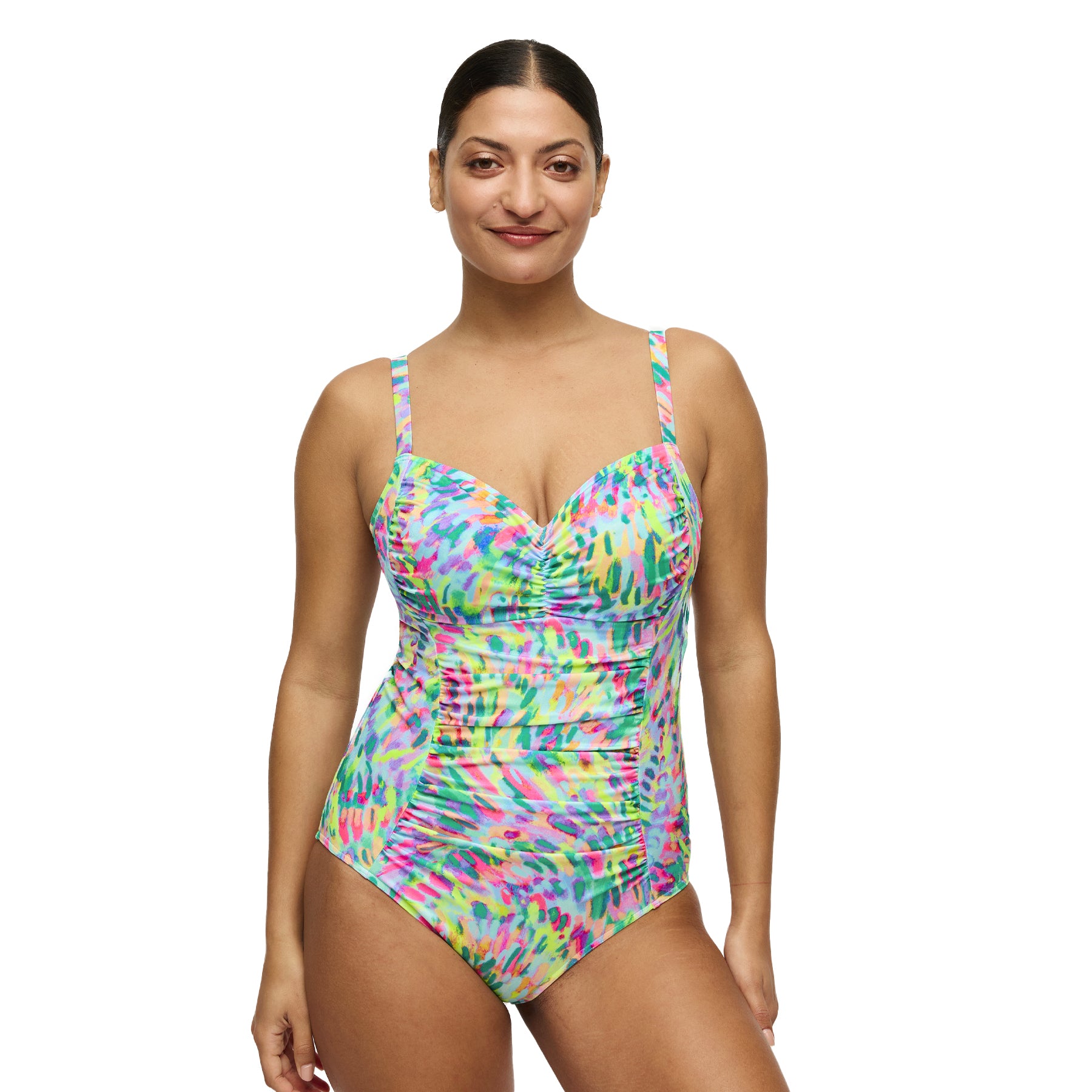 Woman wearing multicolour abstract print one-piece swimsuit with ruched front and adjustable straps – style 401-4030.
