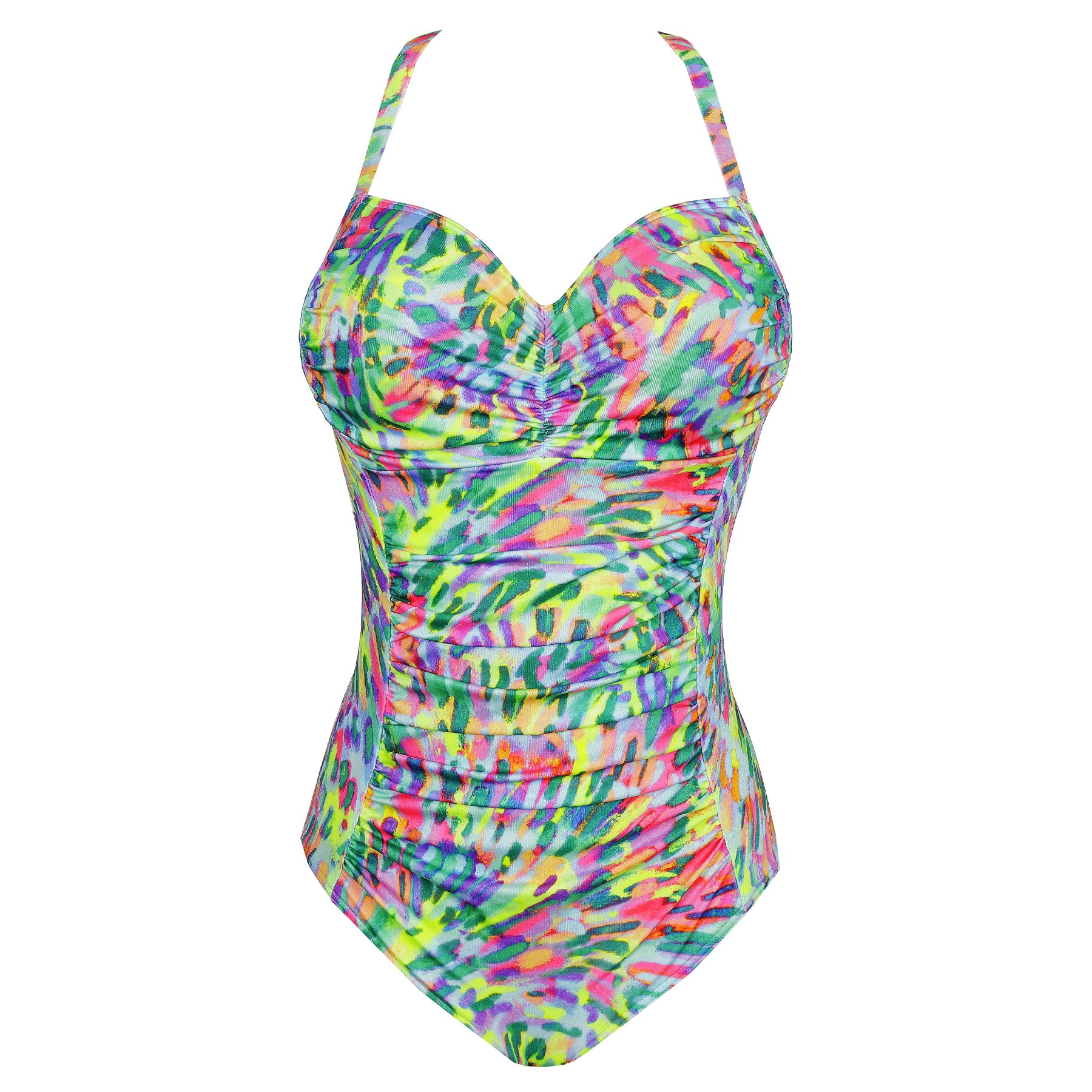 Front product image of abstract multicolour ruched one-piece swimsuit with gathered bust detail – style 401-4030.