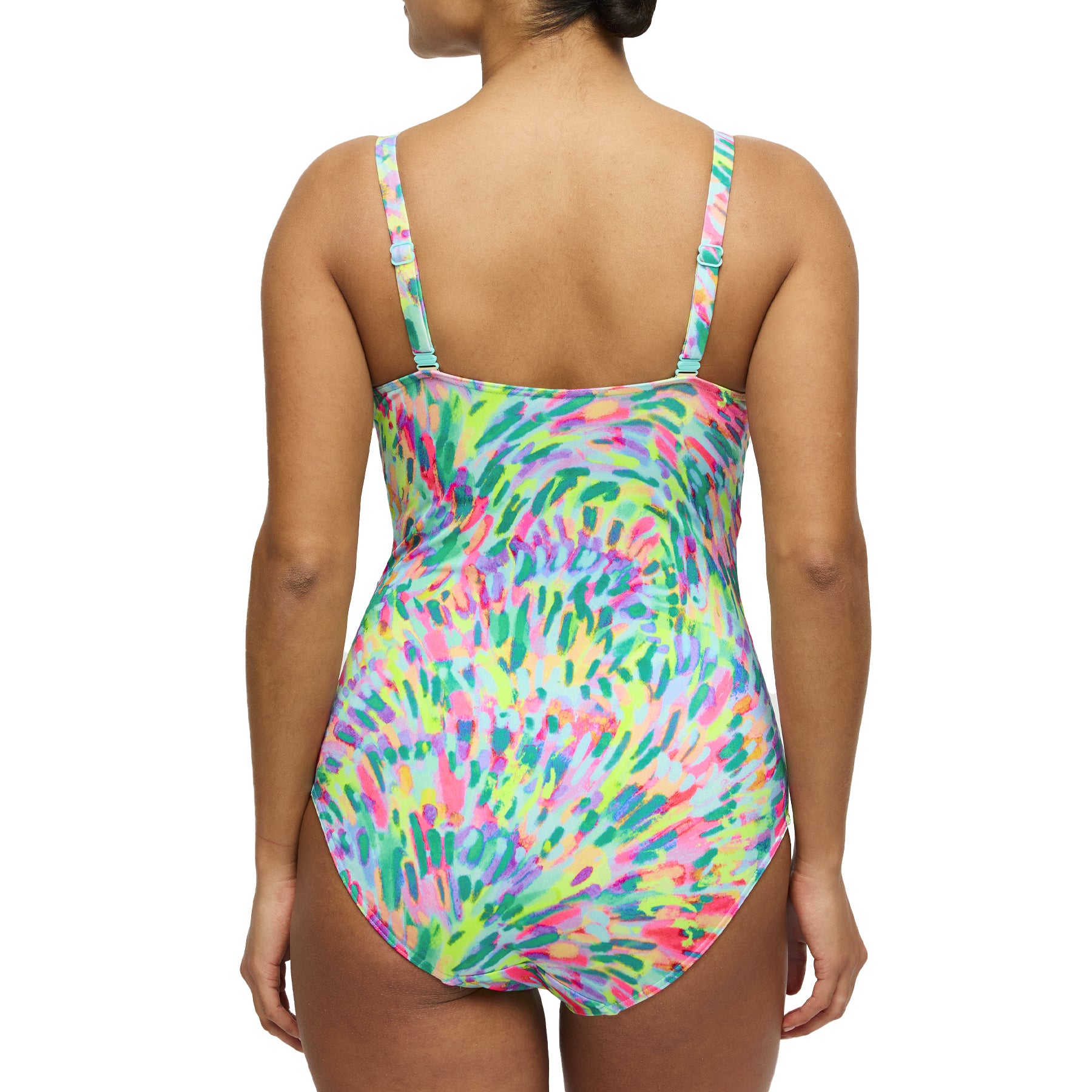 Back view of abstract print one-piece swimsuit with adjustable straps – style 401-4030.