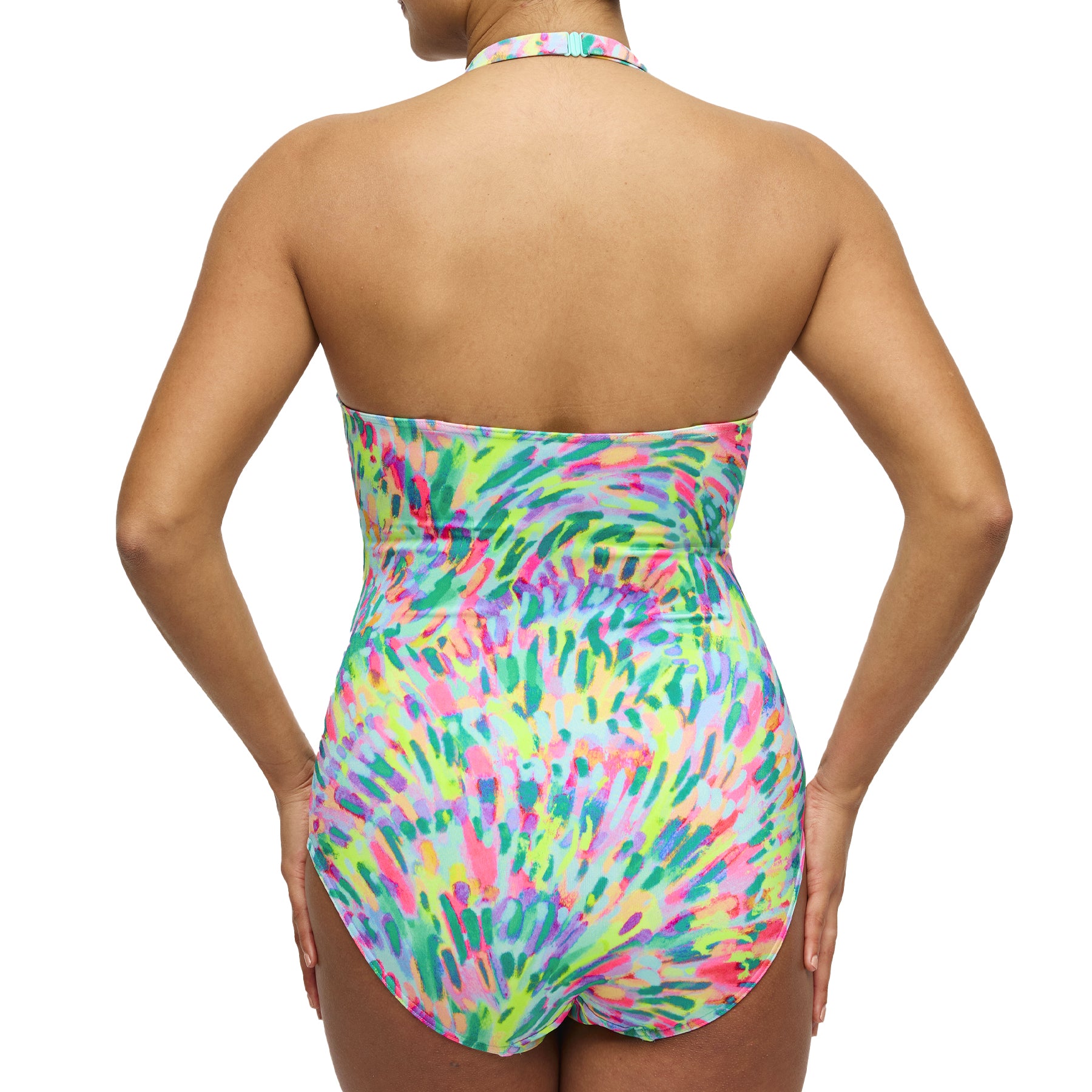 Back detail of vibrant abstract print one-piece swimsuit with smooth rear coverage – style 401-4030.