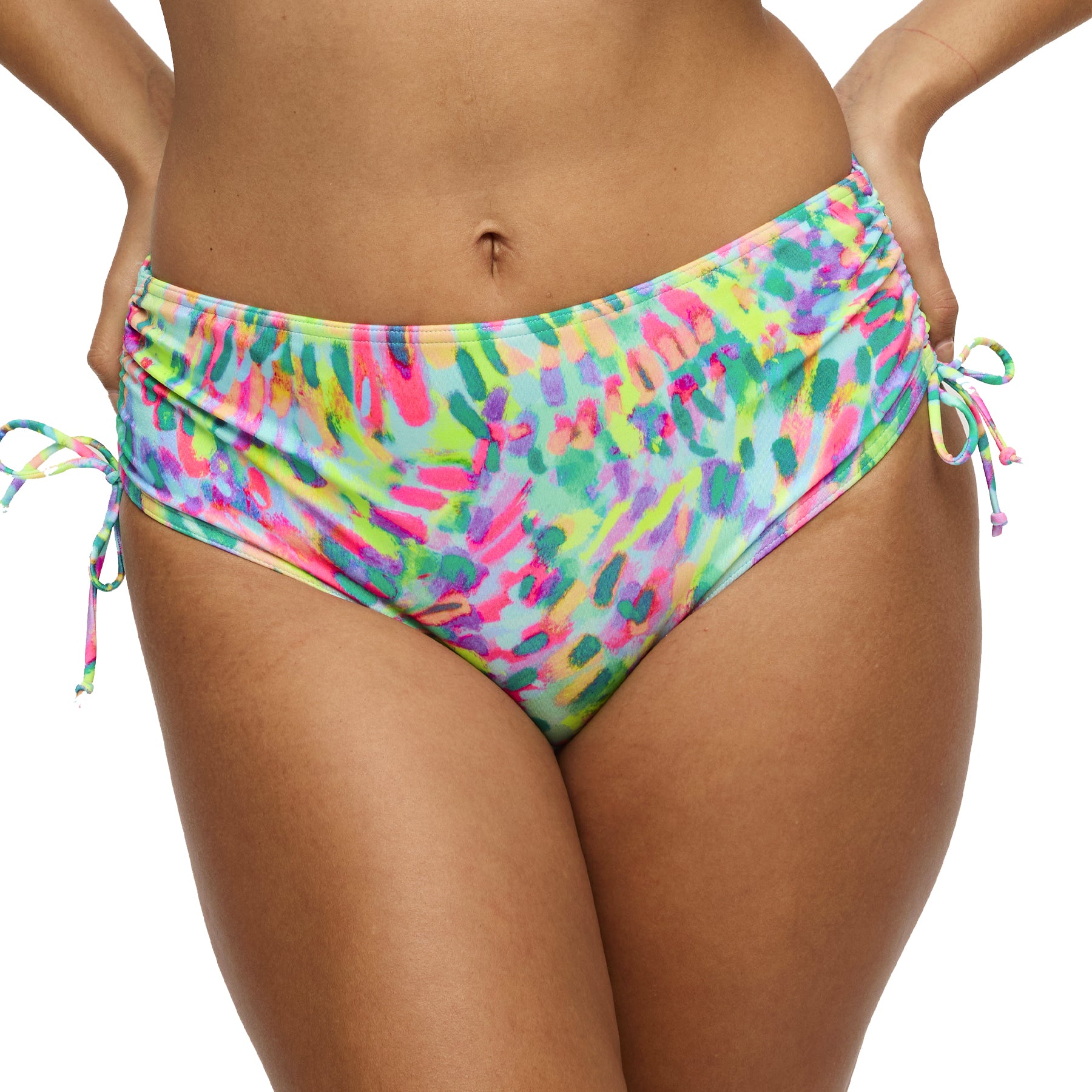 Close-up of abstract multicolour bikini bottom with drawstring side ties – style 401-4052.