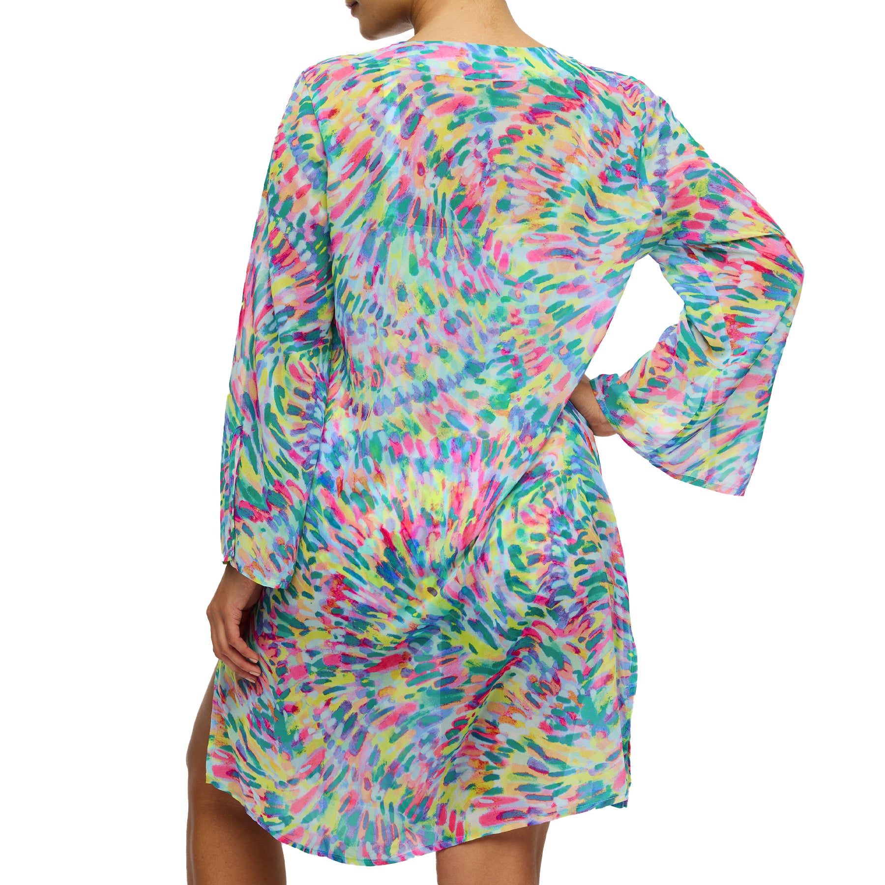 Back view of abstract print beach cover-up dress with relaxed fit and flowy silhouette – style 401-4084.
