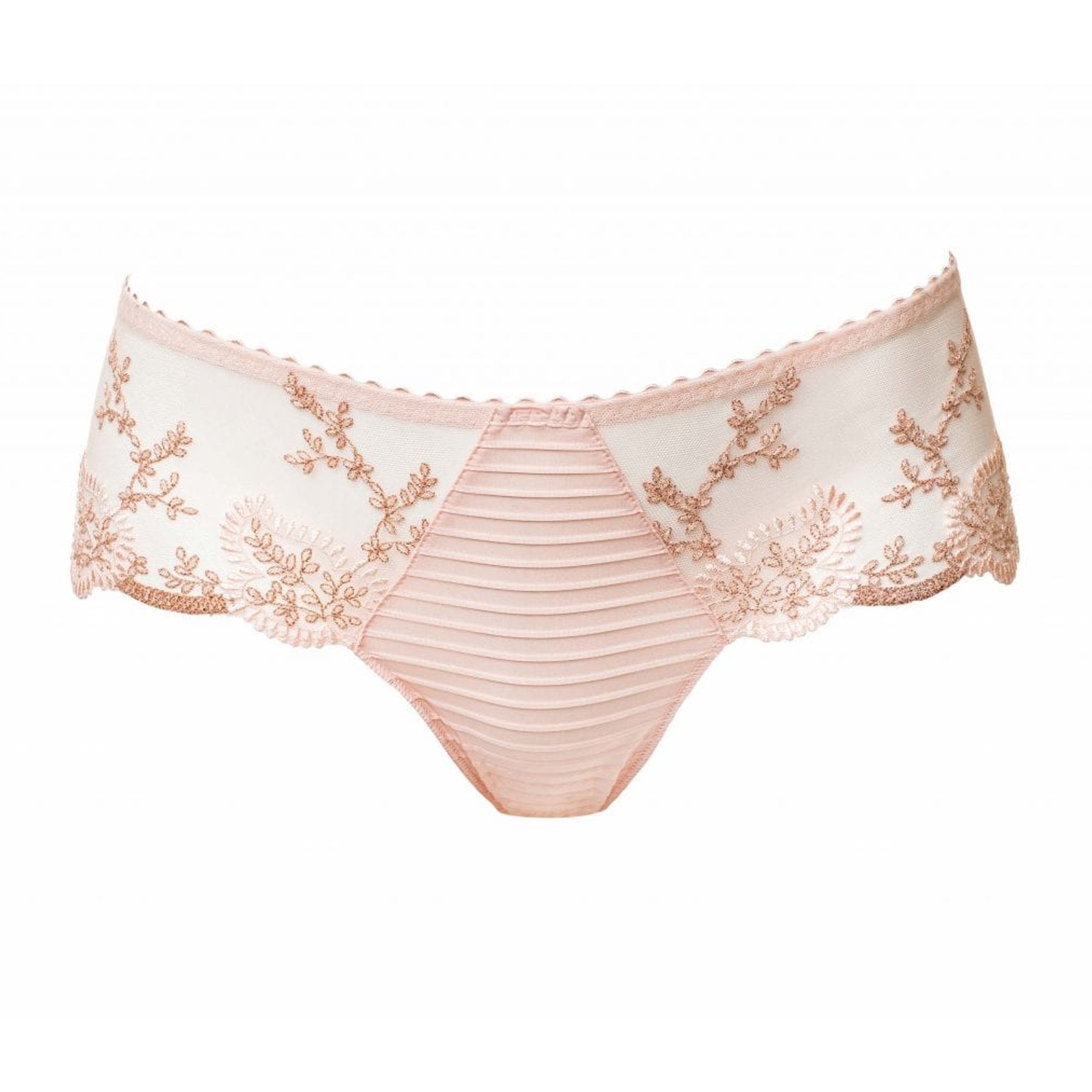 Louisa Bracq Elise Shorty in Nude Rose - flat lay showing blush mesh with embroidered floral details