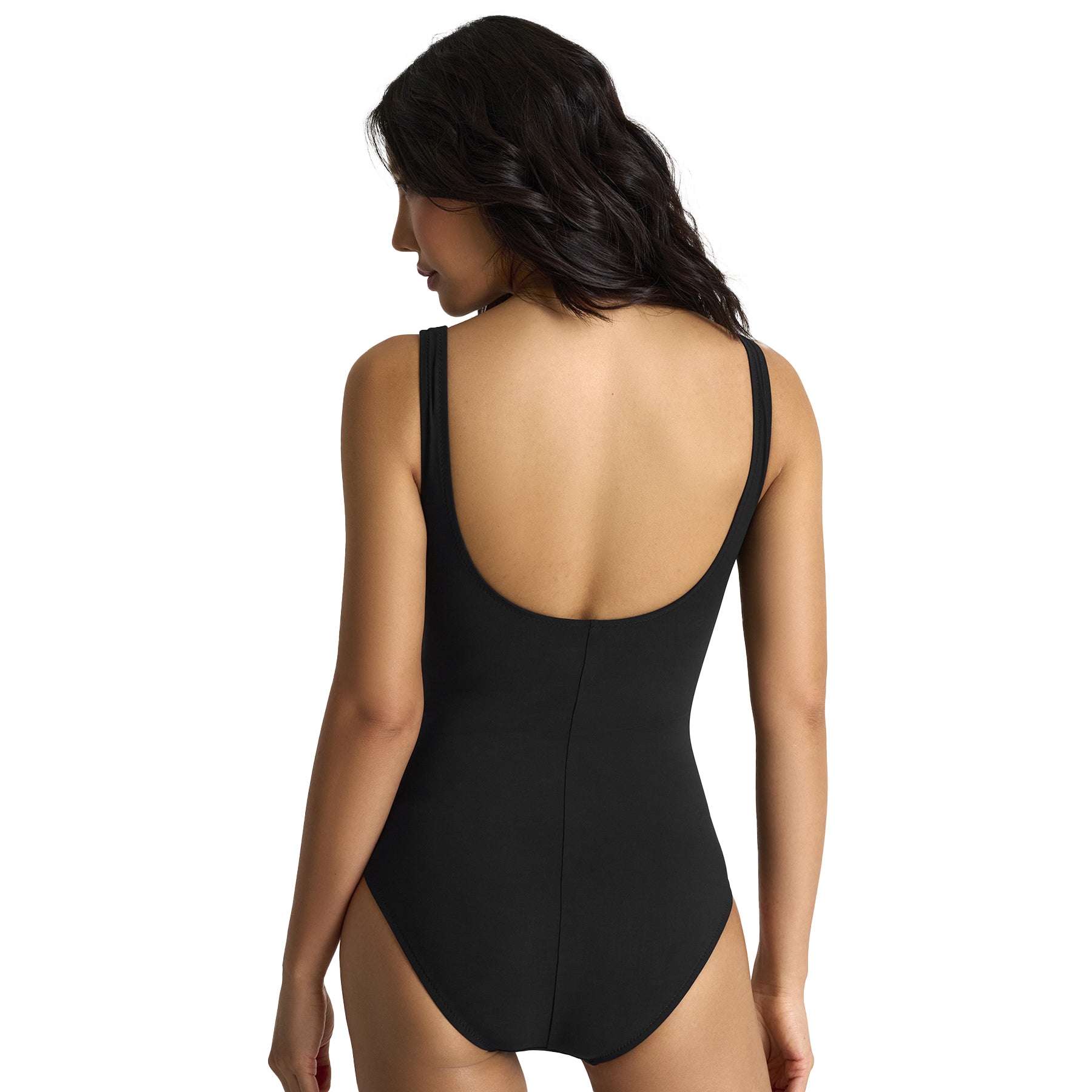 Back view of black swimsuit featuring wide straps and a smooth, low scoop back.