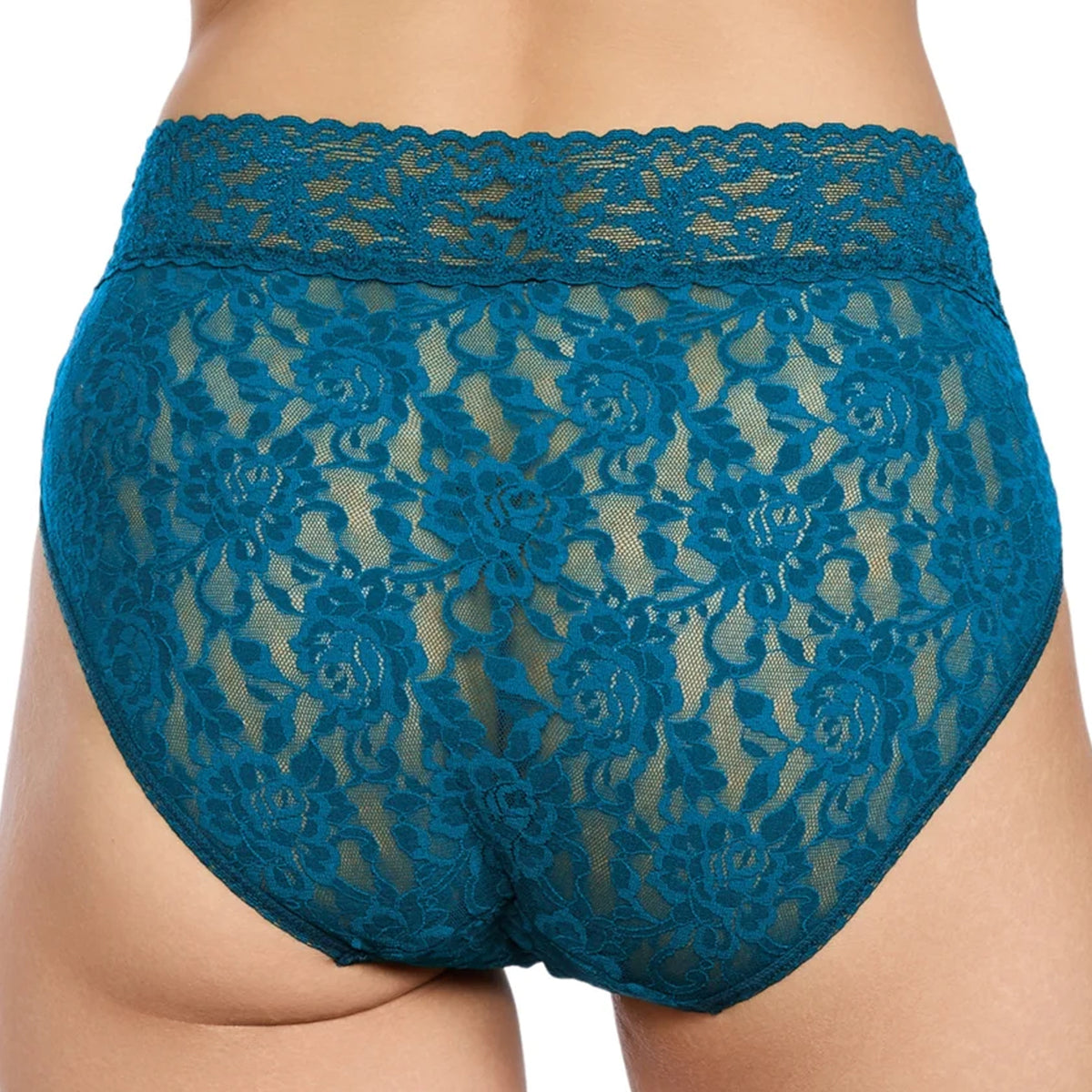 Back view of teal blue high-waisted lace briefs featuring a wide scalloped lace waistband, sheer floral lace detailing, and full rear coverage.