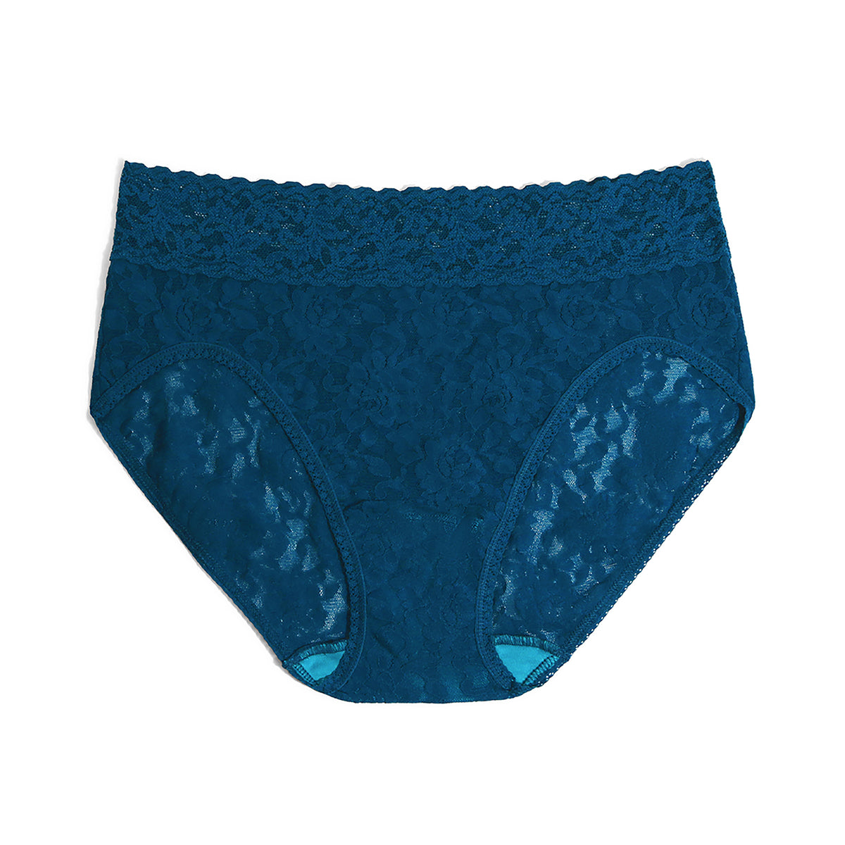 Front flat lay of teal blue high-waisted lace briefs featuring a wide floral lace waistband, delicate all-over floral lace pattern, and full-coverage silhouette on a white background.