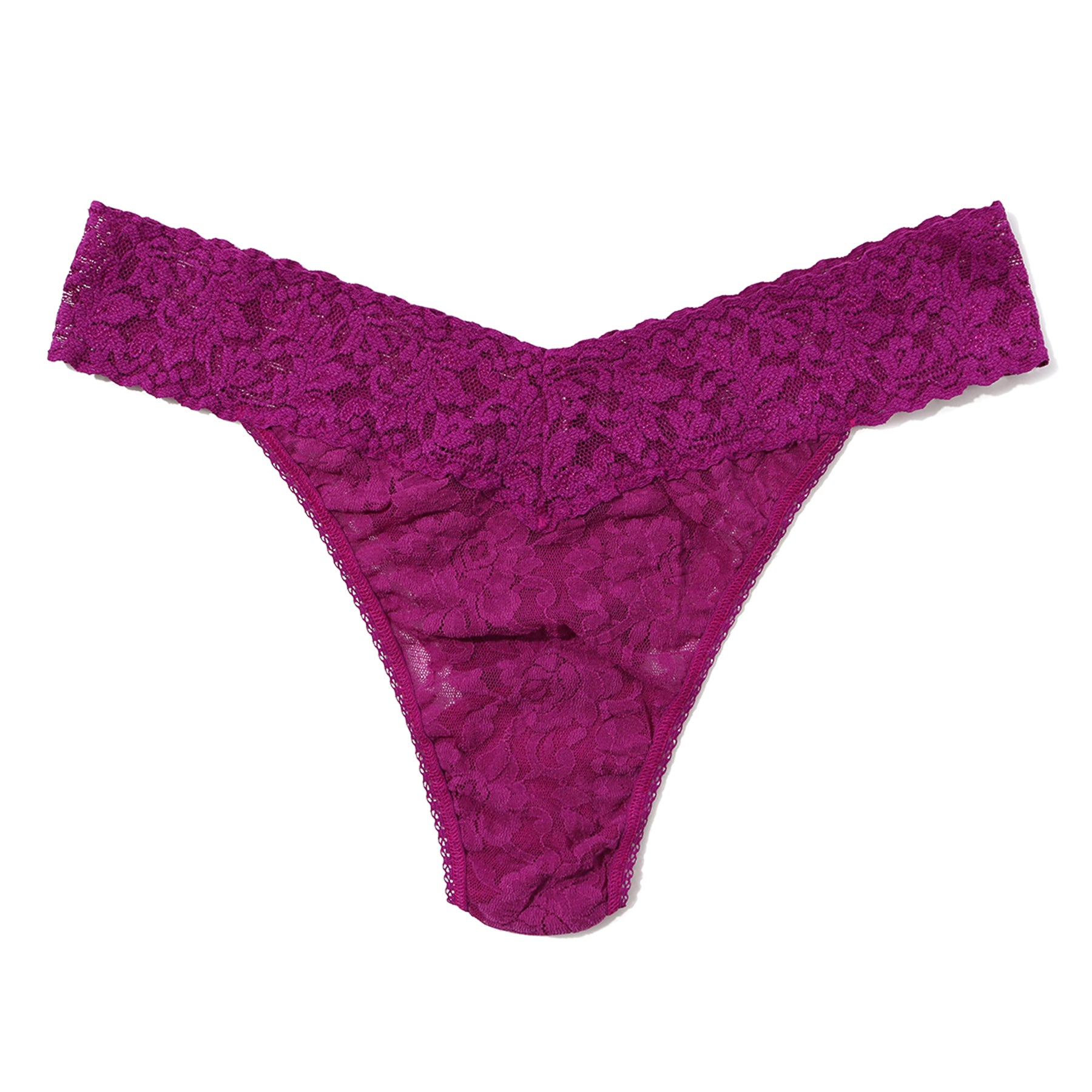 Hanky Panky Signature Lace Original Rise Thong in Boysenberry purple with all-over floral stretch lace, a wide lace waistband, and a low-rise fit.