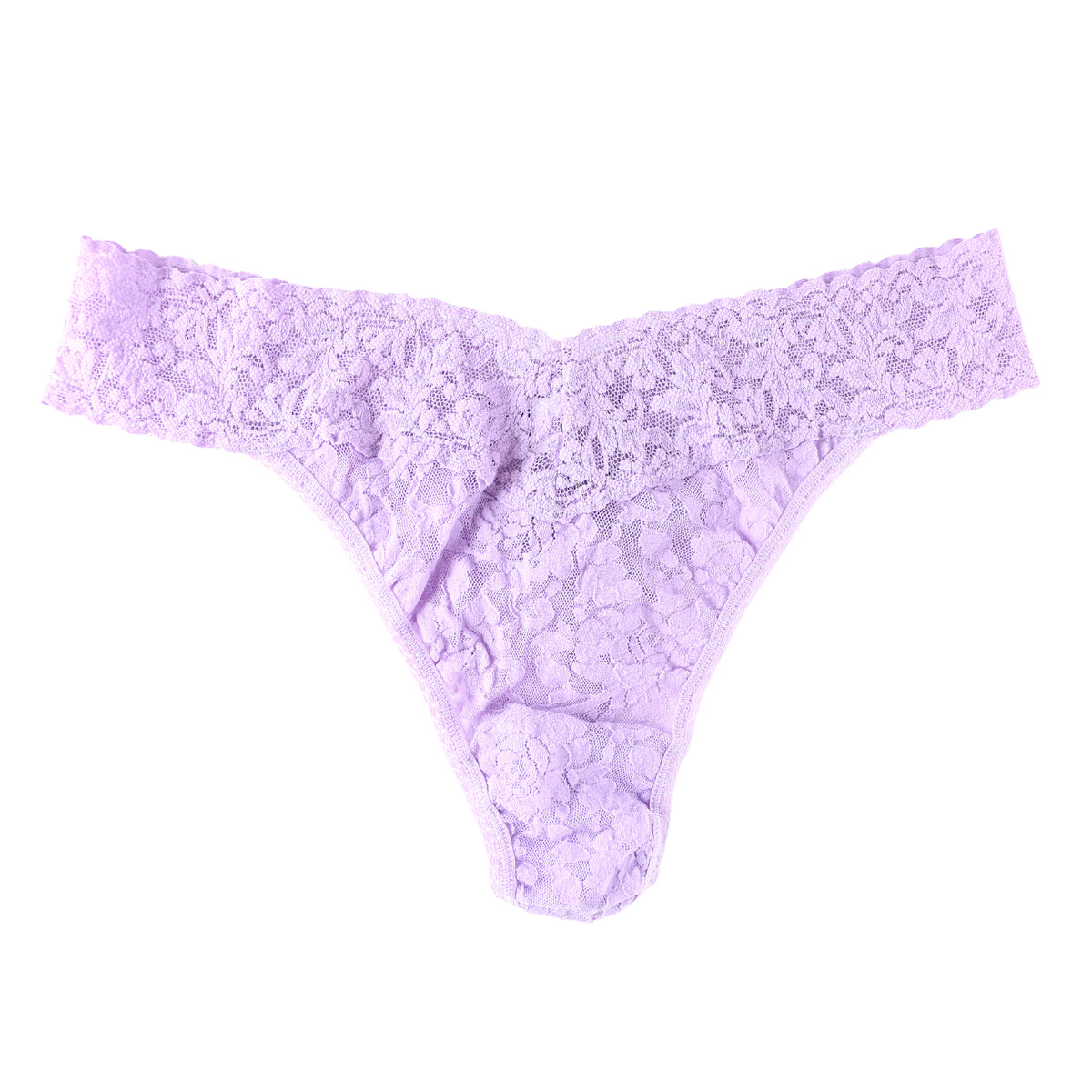Cool lavender floral lace thong with a wide scalloped lace waistband, shown flat against a white background.