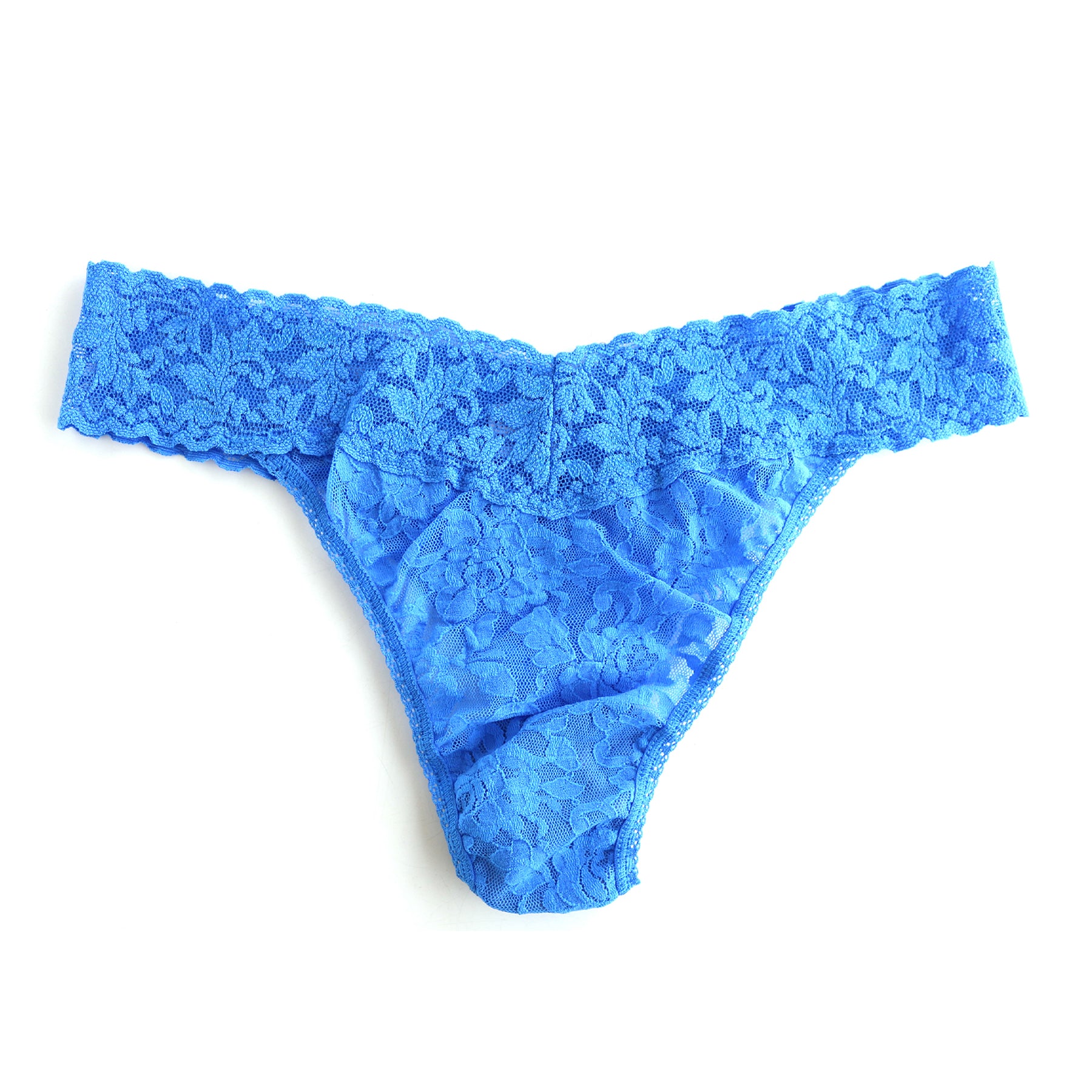 Bright blue floral lace thong underwear flat lay on white background.