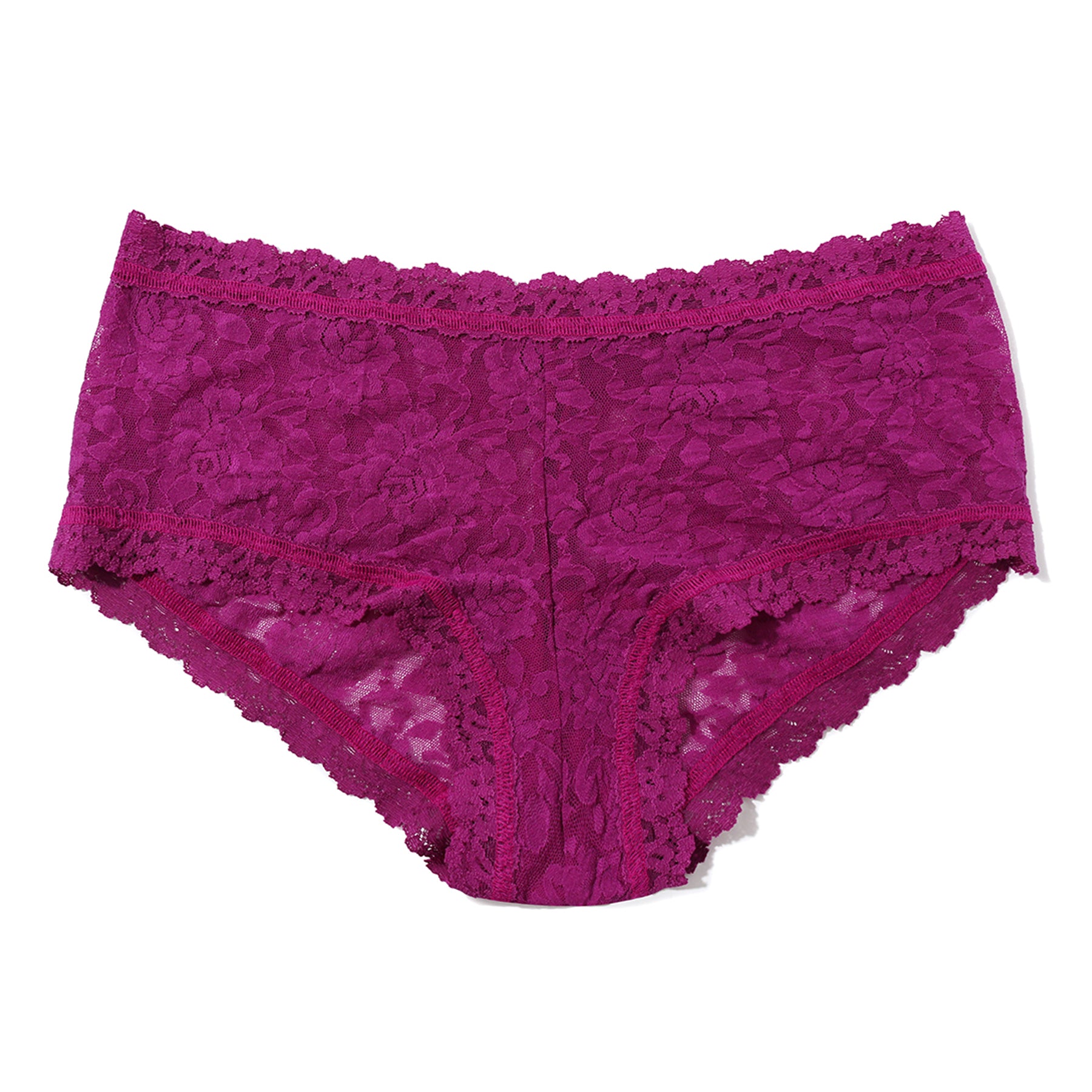 Flat lay of the Hanky Panky Signature Lace Boyshort in Boysenberry with all-over floral lace, scalloped trim, and soft stretch construction.