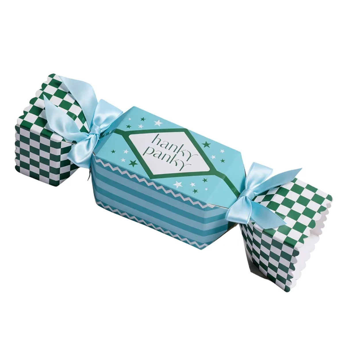 Hanky Panky three-pack holiday cracker gift box in turquoise blue with green and white checkered ends, star details, striped accents, and pale blue satin ribbon bows.