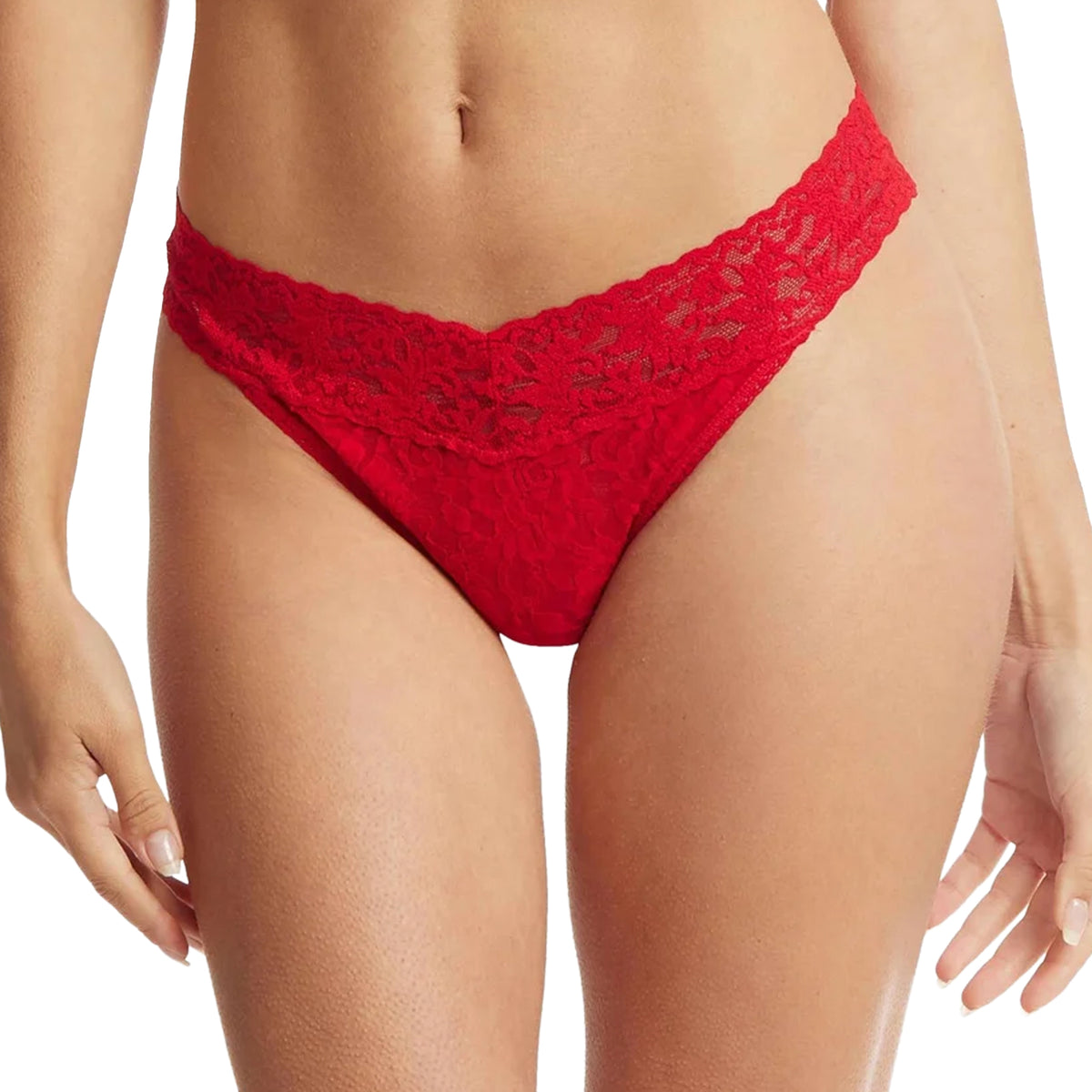 Close-up front view of the Hanky Panky Signature Lace Original Rise Thong in red, featuring delicate floral lace, a wide scalloped waistband, and a V-shaped front.