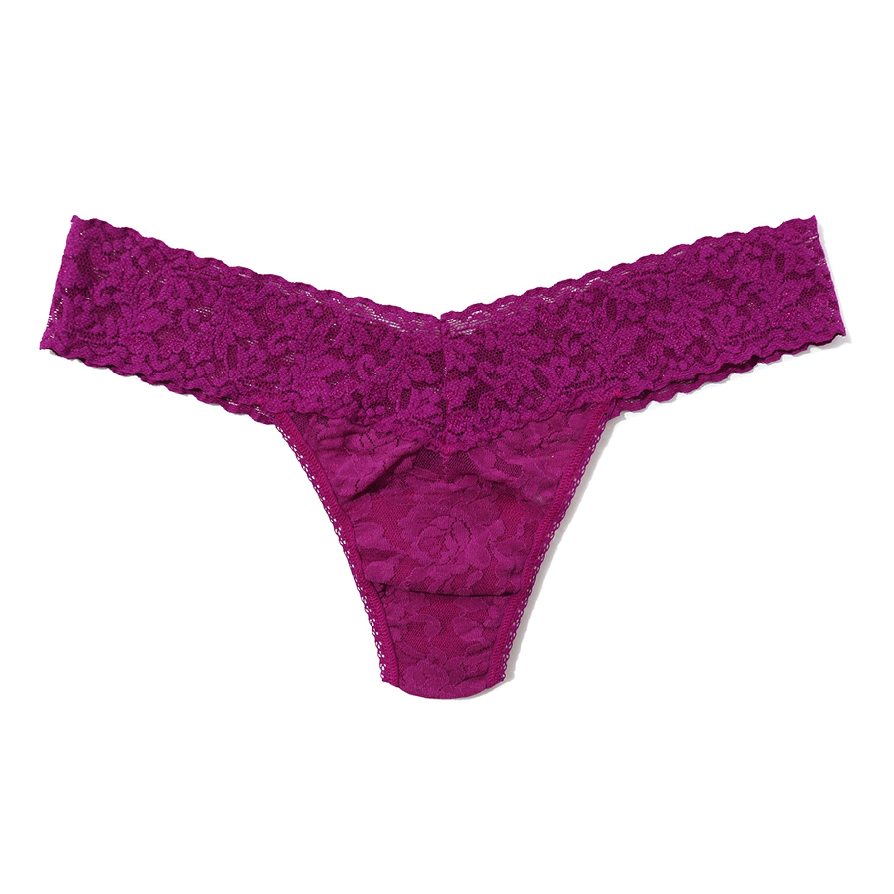 Side view of Hanky Panky Signature Lace Low Rise Thong in Boysenberry featuring a low-rise fit, wide floral lace waistband, and seamless finish.