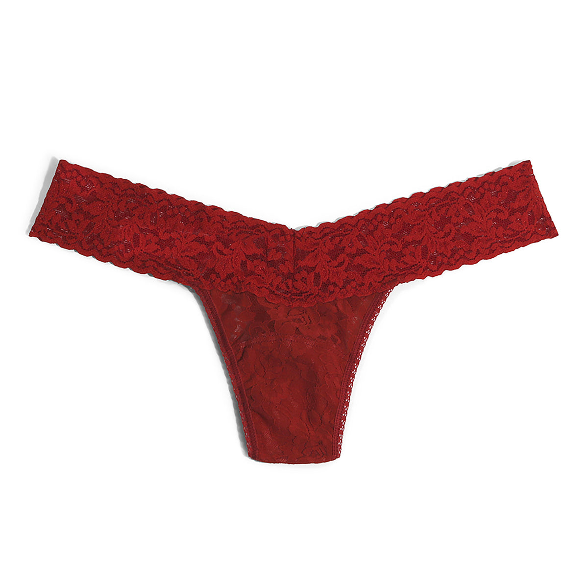 Hanky Panky Low Rise Thong in Clay Ole red stretch floral lace, front view.