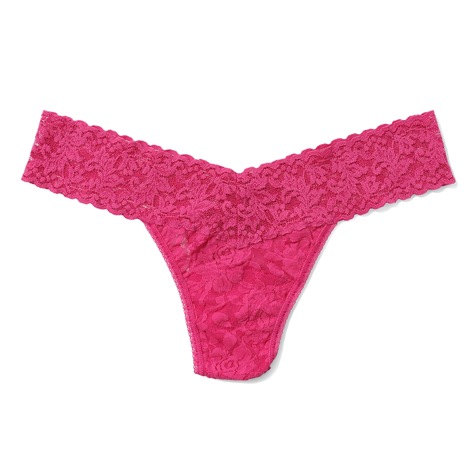Dragonfruit pink floral lace thong with scalloped lace waistband and soft stretch fit for everyday comfort