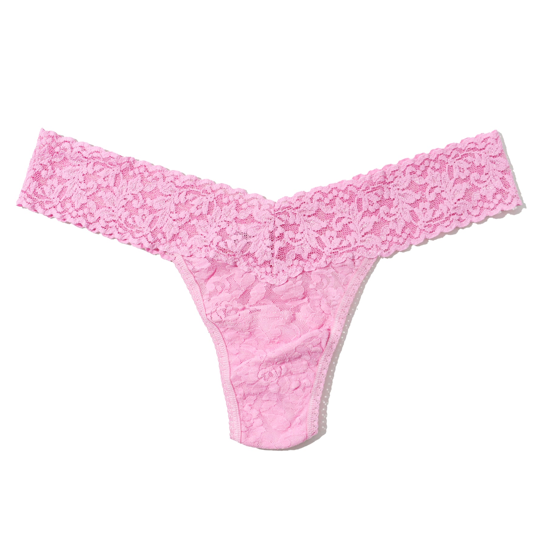 Pink floral lace thong with wide stretch lace waistband on white background