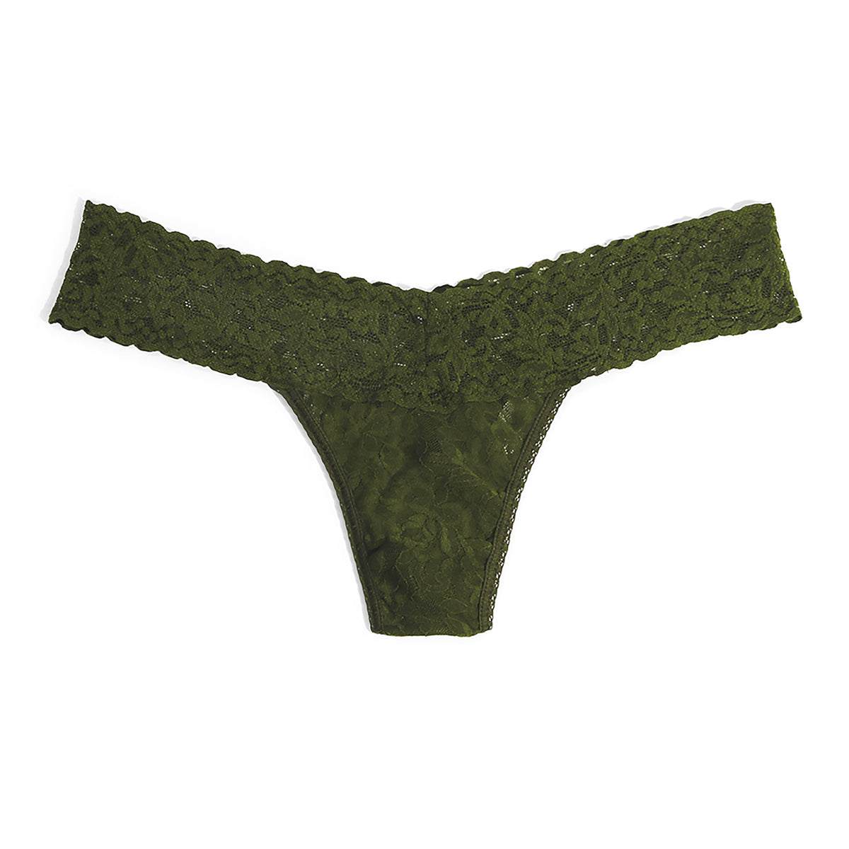 Hanky Panky Low Rise Thong in Woodland Green stretch floral lace, front product view.