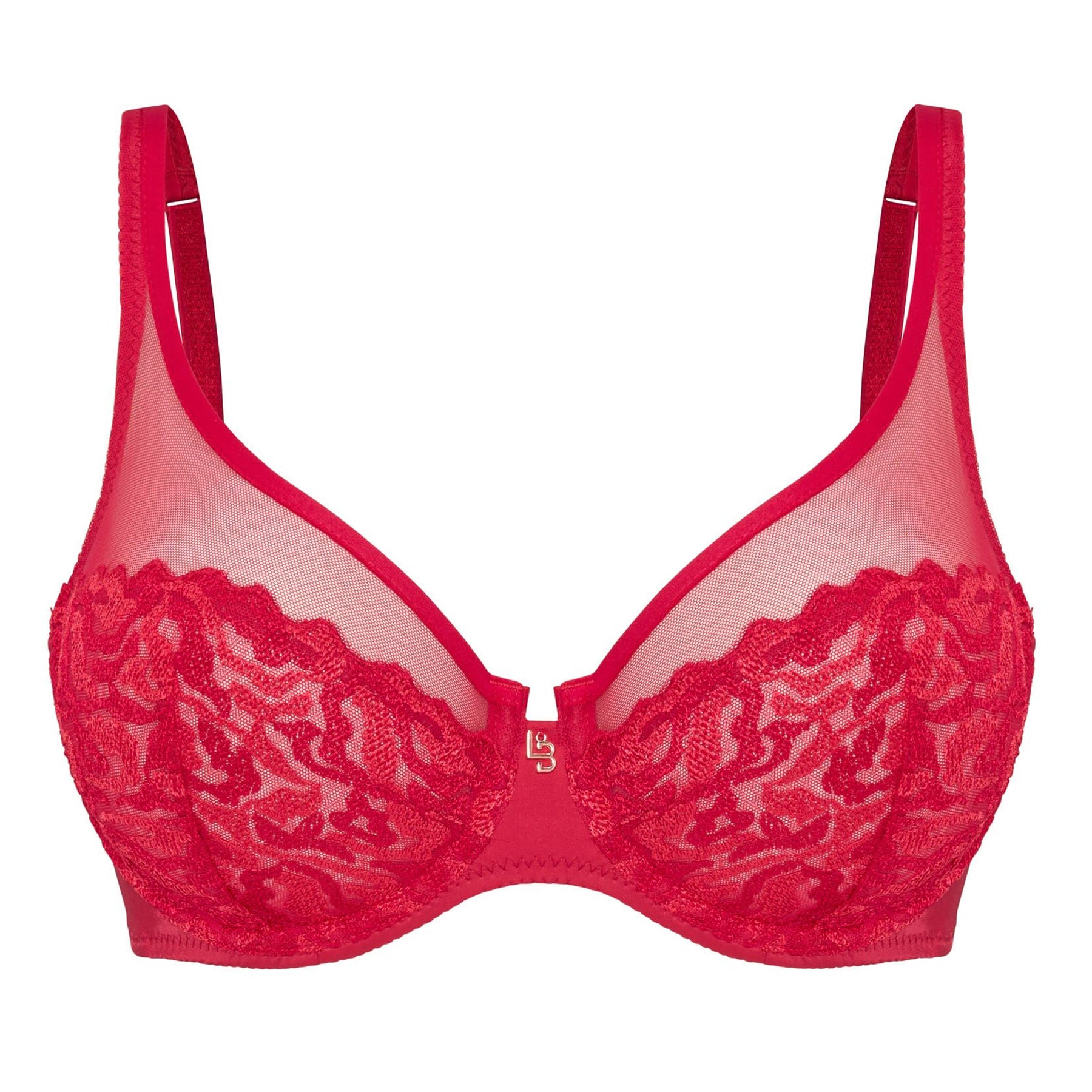 Louisa Bracq Waves Plunge Bra in red, featuring embroidered lace cups, sheer mesh and adjustable straps.