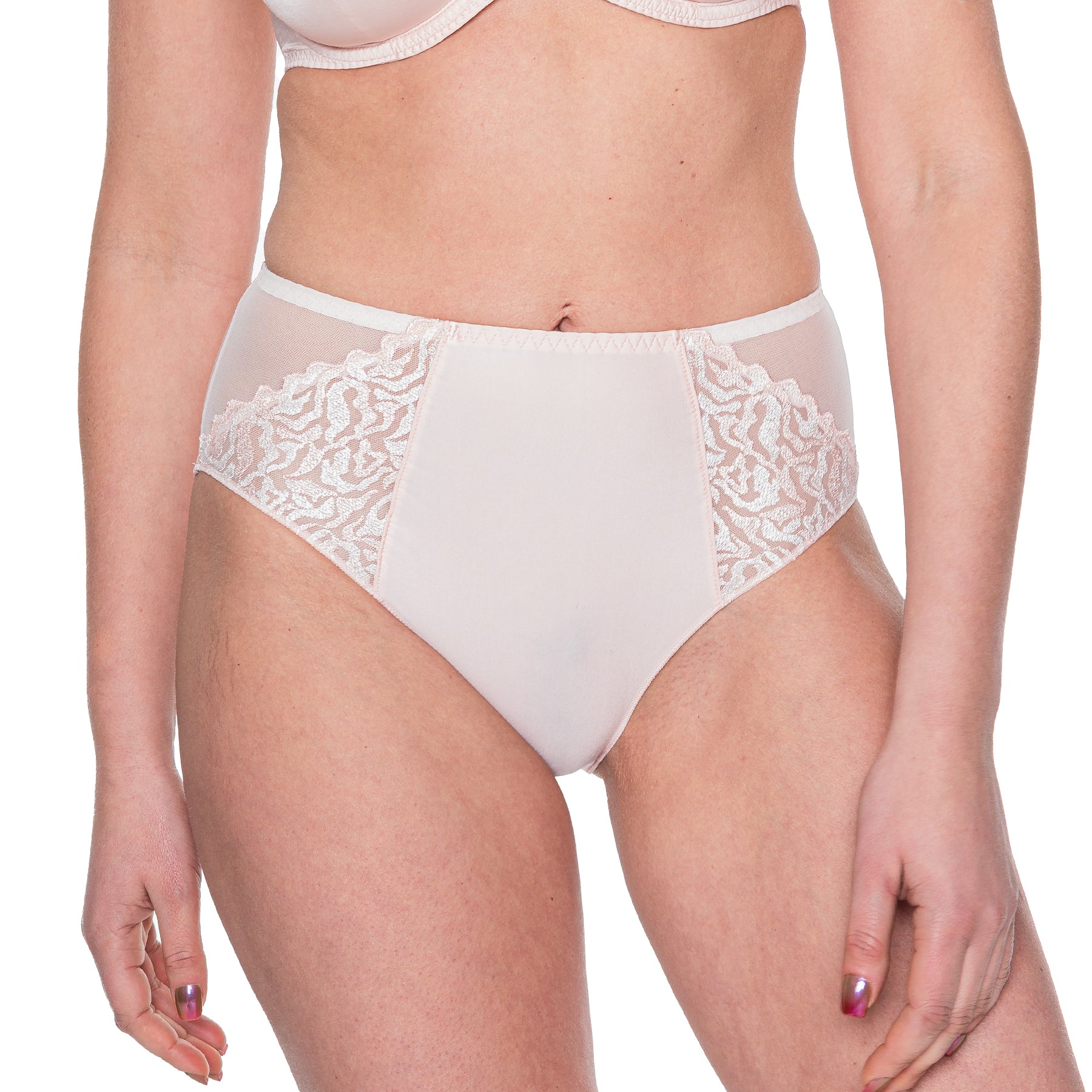 Close-up front view of nude rose full brief with silky panel and sheer floral lace sides.