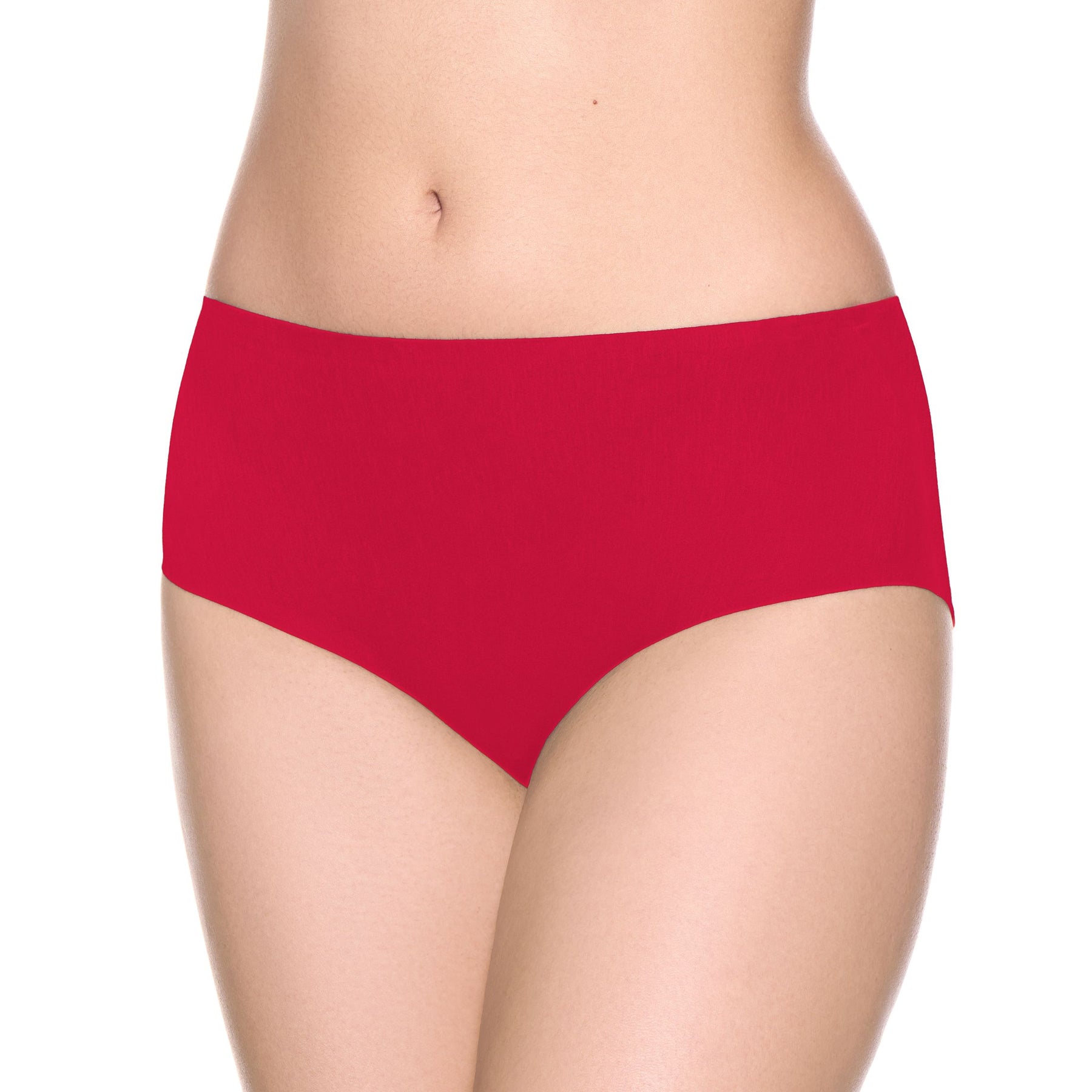 Front view of model wearing red seamless full briefs with a smooth waistband and invisible edges.
