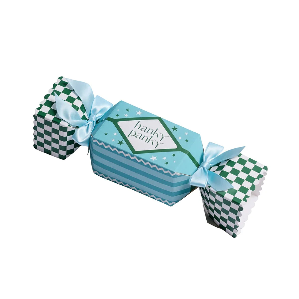 Hanky Panky holiday cracker gift packaging in turquoise blue with green and white checkered ends, decorative stars, striped details, and light blue satin ribbon bows.
