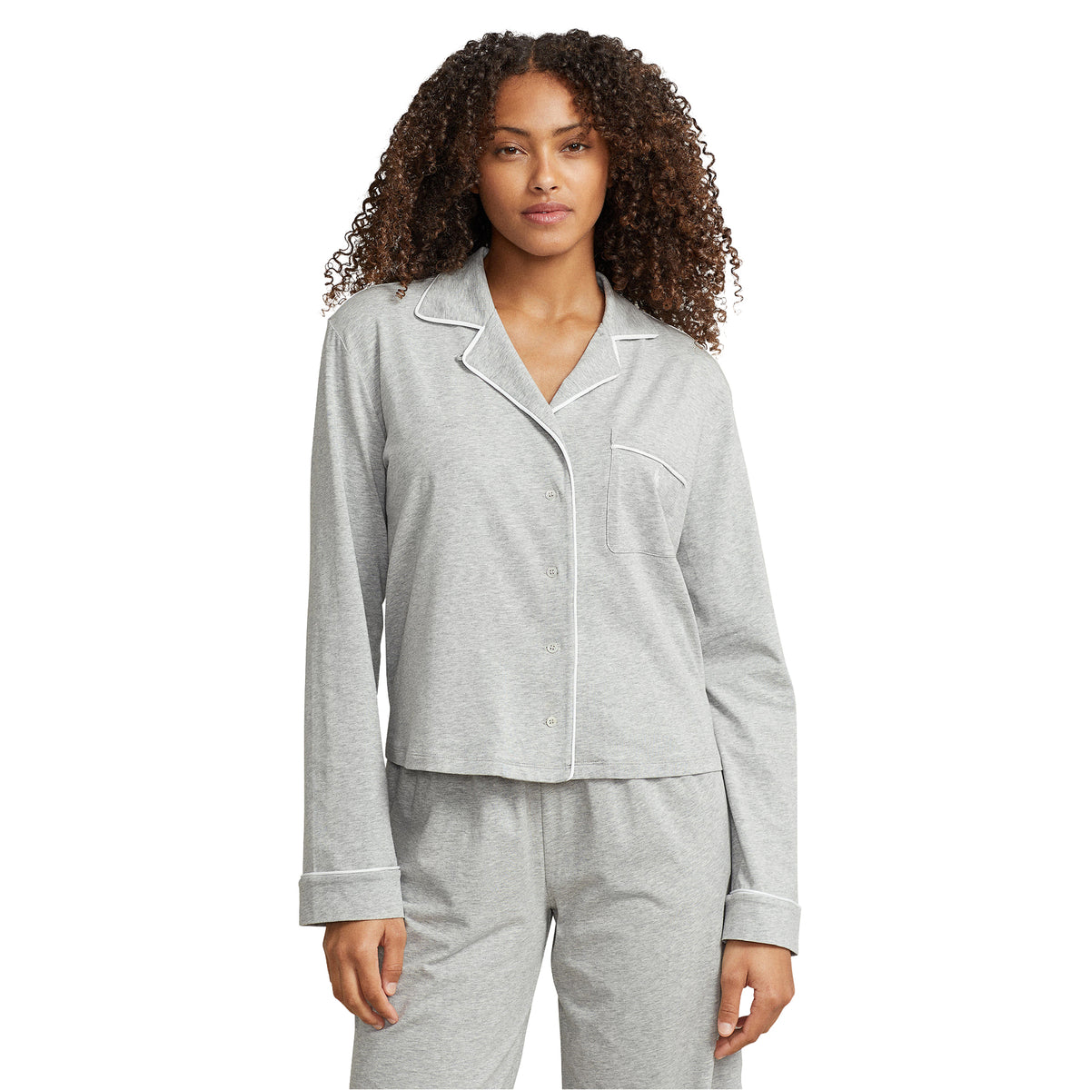 Model wearing Polo Ralph Lauren heather grey button-up pyjama top with long sleeves, white contrast piping, notched collar, and embroidered chest pocket.
