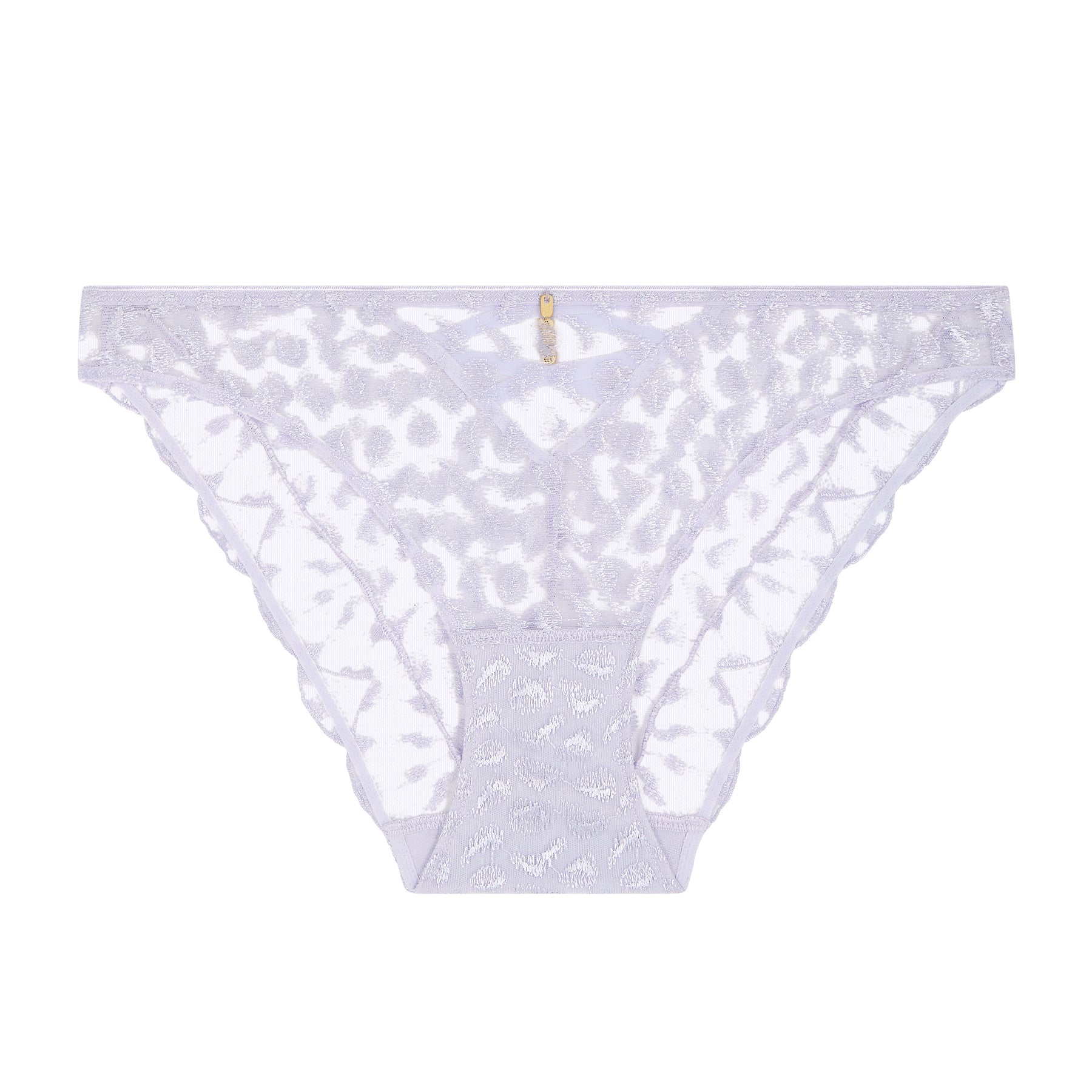 Lavender embroidered lace bikini brief displayed on white background with sheer mesh panels.
