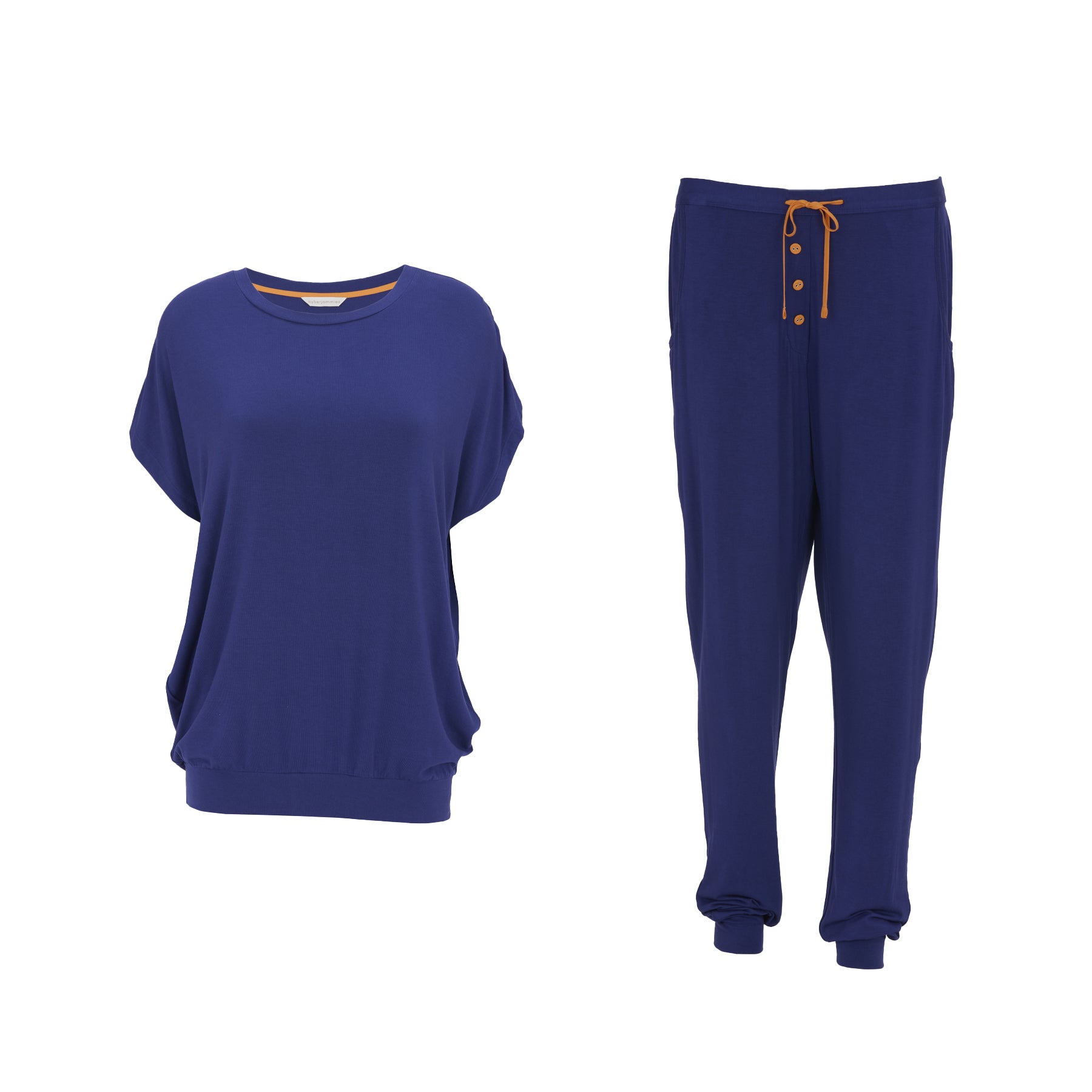 Women’s navy blue lounge set featuring a relaxed short sleeve top and matching jogger-style pants with drawstring waist and cuffed ankles.