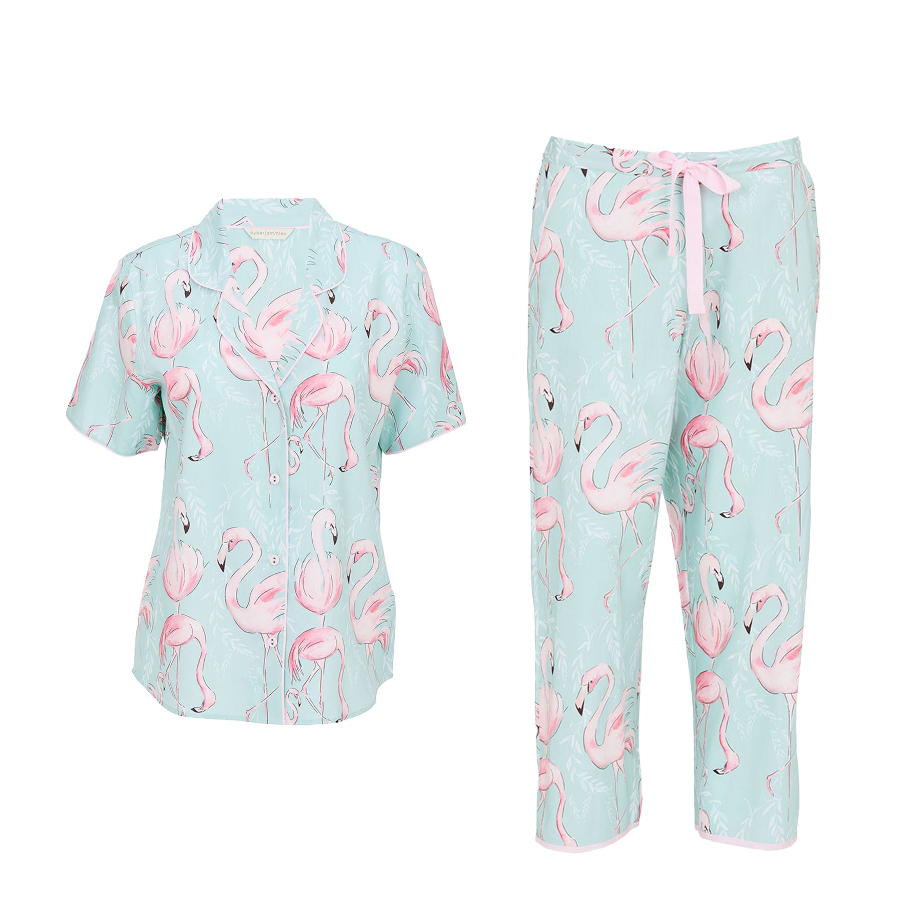 Mint green flamingo print pyjama set with short sleeve button-up top and cropped pants, front view on white background