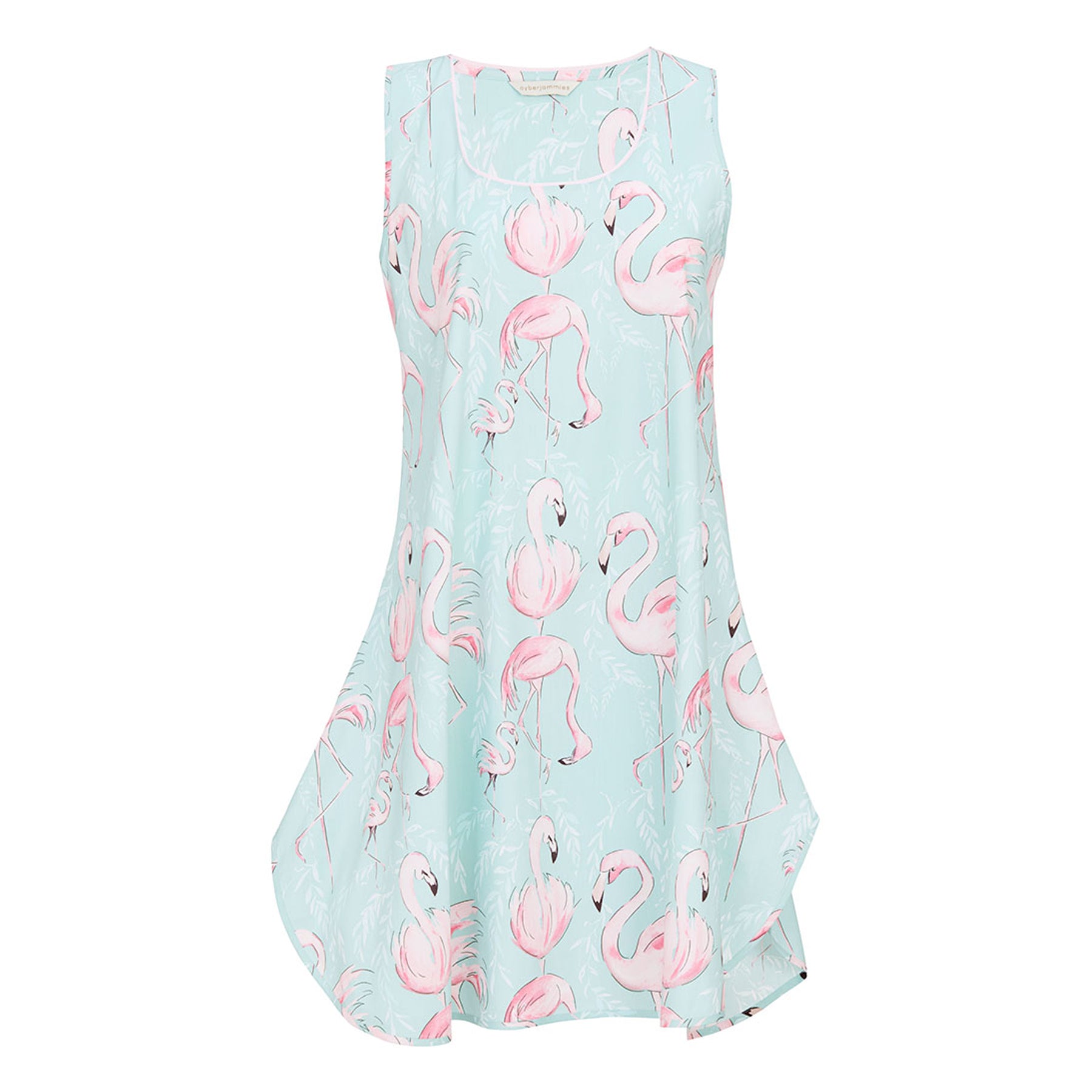 Mint green flamingo print sleeveless nightdress with scoop neckline and relaxed A-line silhouette, front view on white background