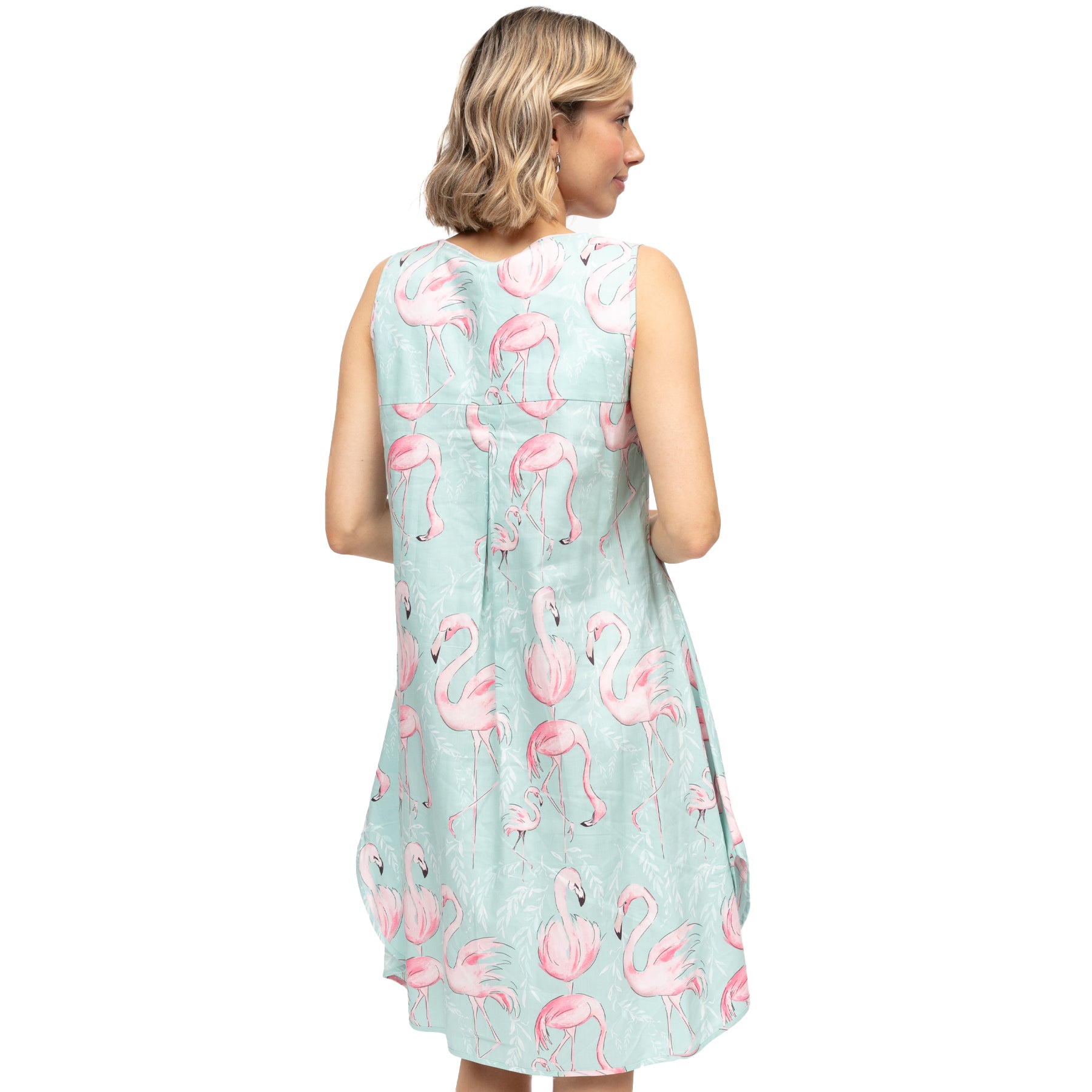 Back view of mint flamingo print nightdress with relaxed fit and lightweight fabric