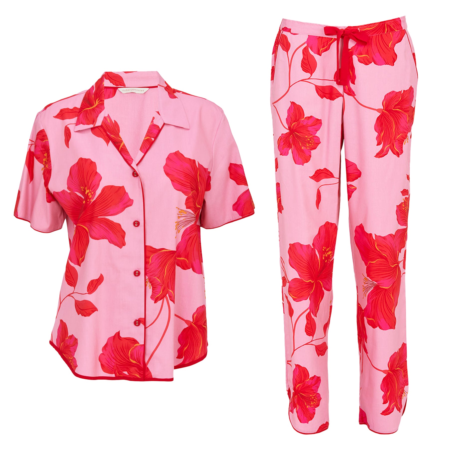Pink floral pajama set with short sleeve button-down top and matching pants featuring bold red hibiscus print