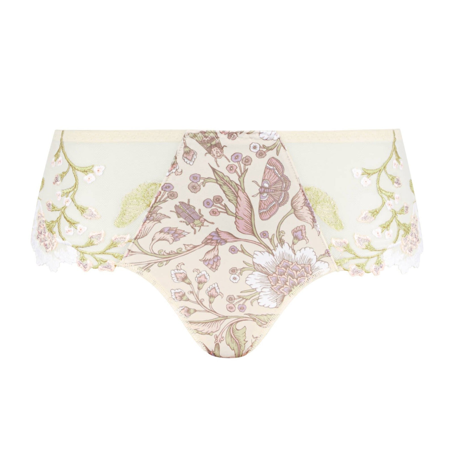 Product image of beige floral embroidered full brief with printed panel and sheer mesh sides.