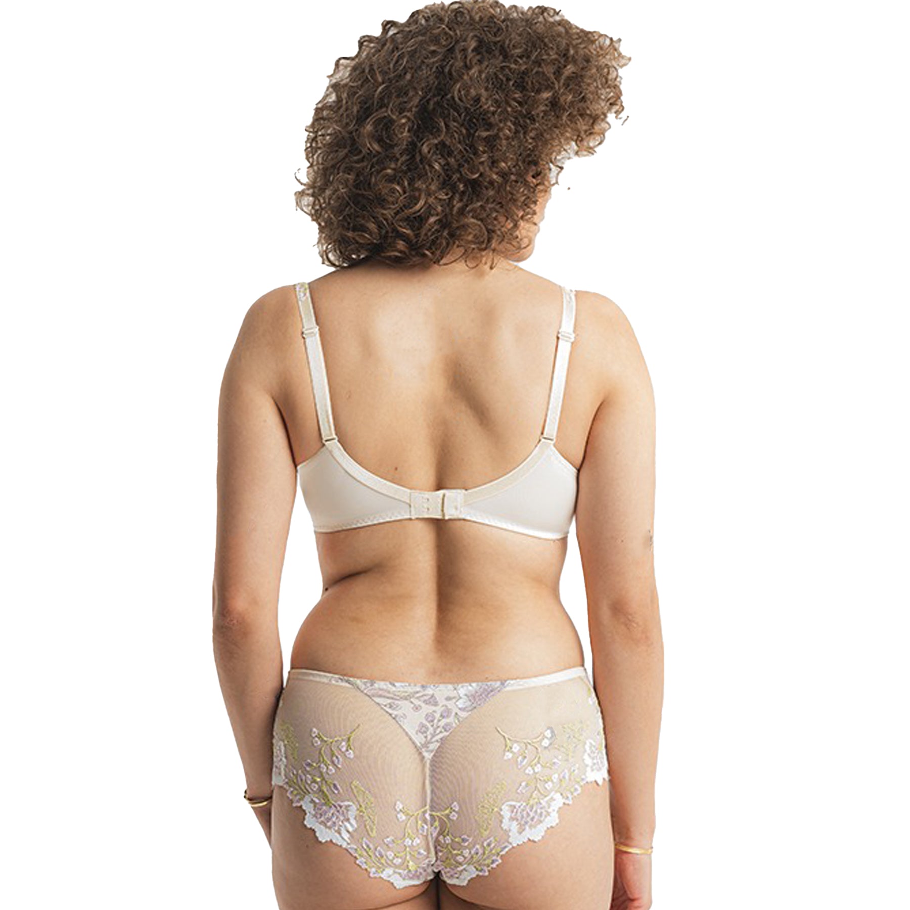 Back view of matching lingerie set showcasing sheer embroidered panties and plain bra back.