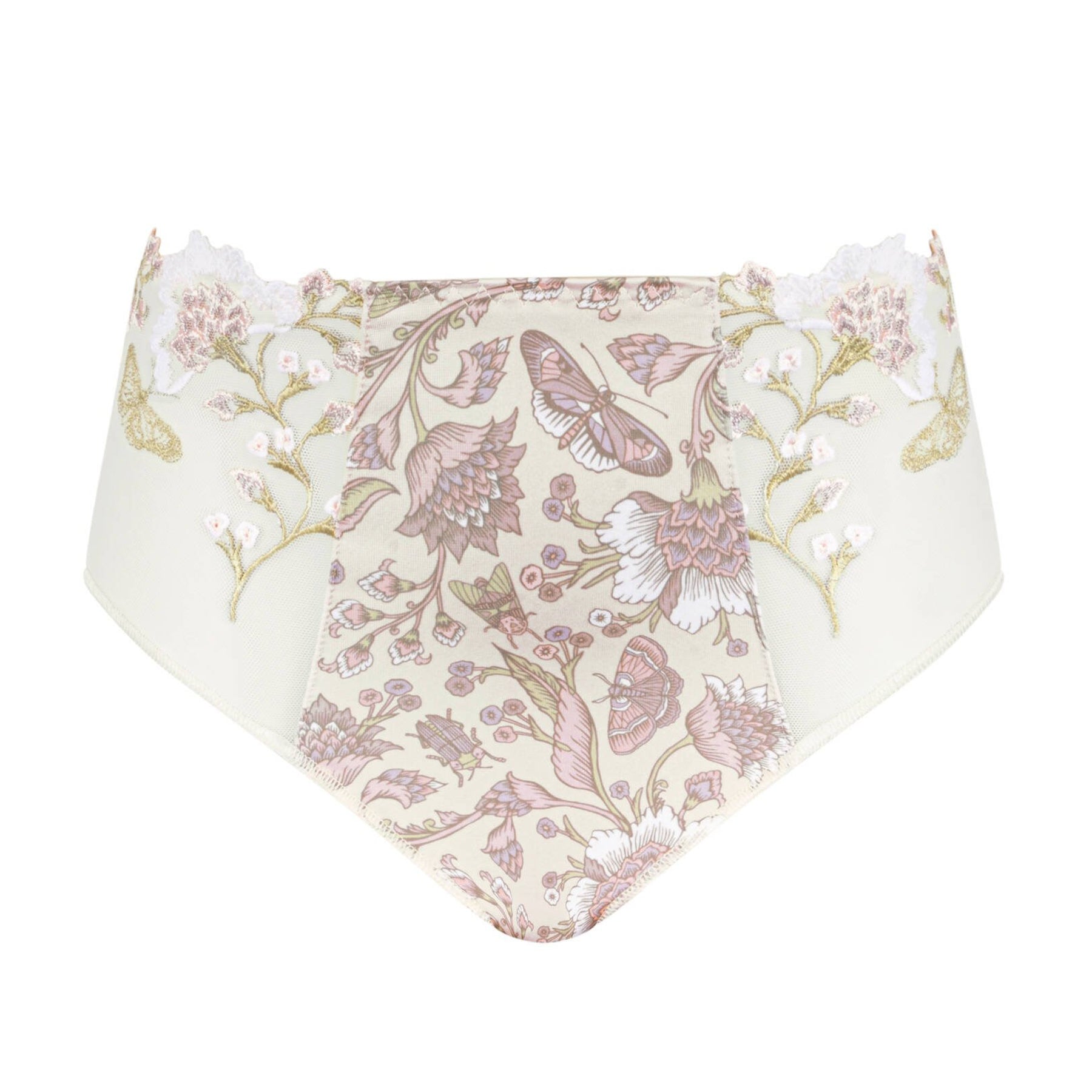 A detailed front view of a cream high-waisted panty featuring intricate floral and butterfly embroidery in pastel pink, lilac, and gold on sheer mesh panels.