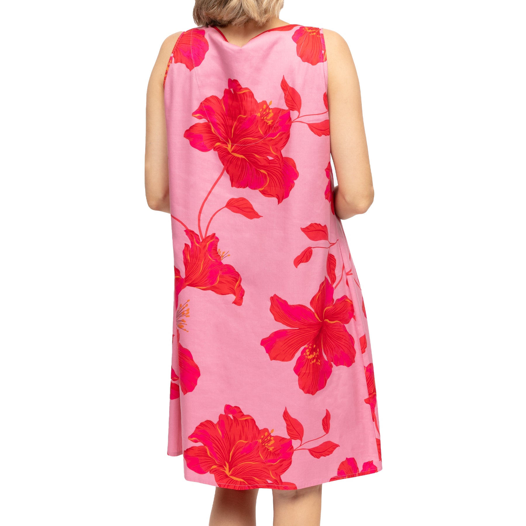 Back view of pink floral chemise nightdress with red tropical hibiscus print, loose comfortable fit