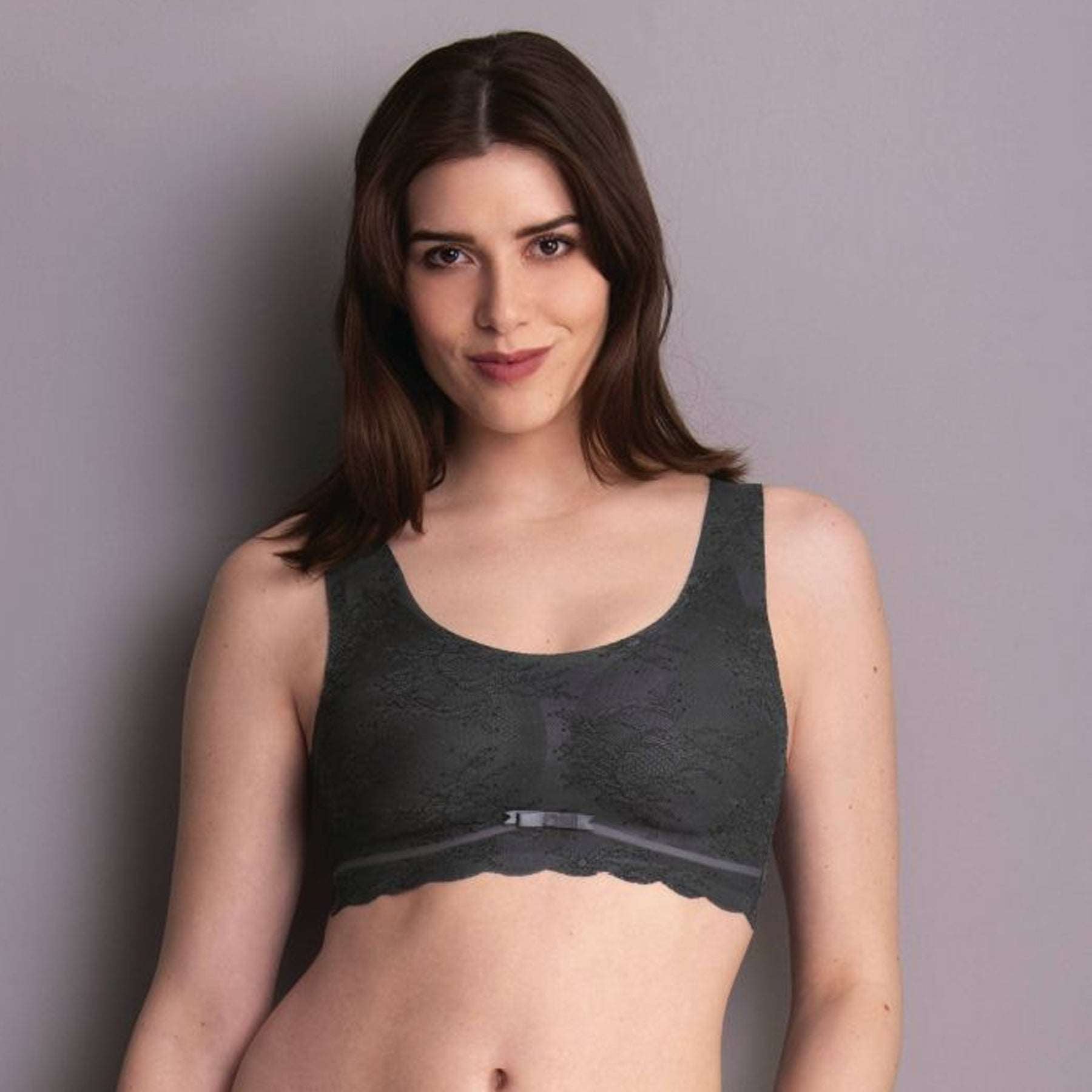 Anita Essentials Lace wireless moulded Bralette in anthracite grey, front view on model.