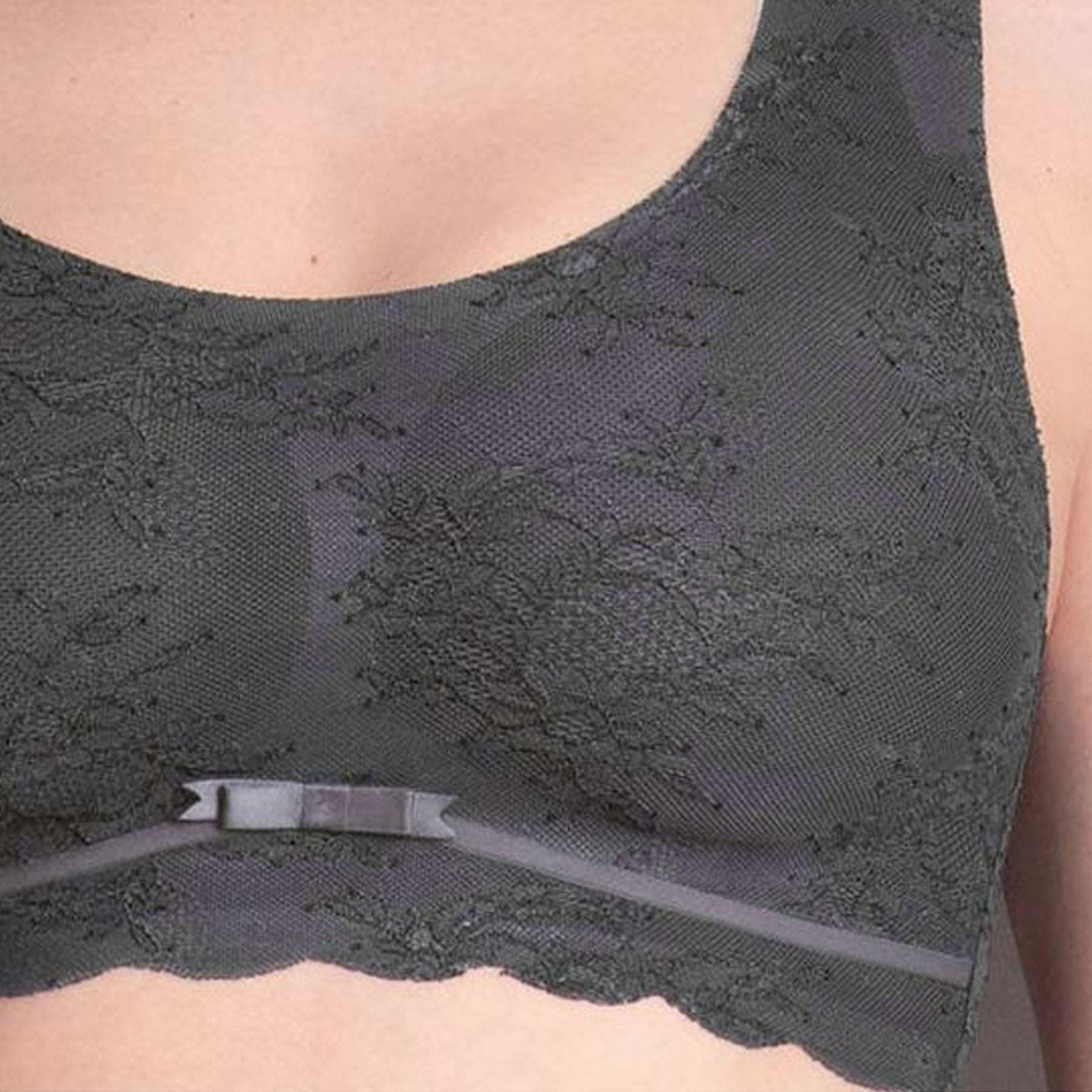 Anita Essentials Lace wireless moulded Bralette in anthracite grey, front view close up on model.