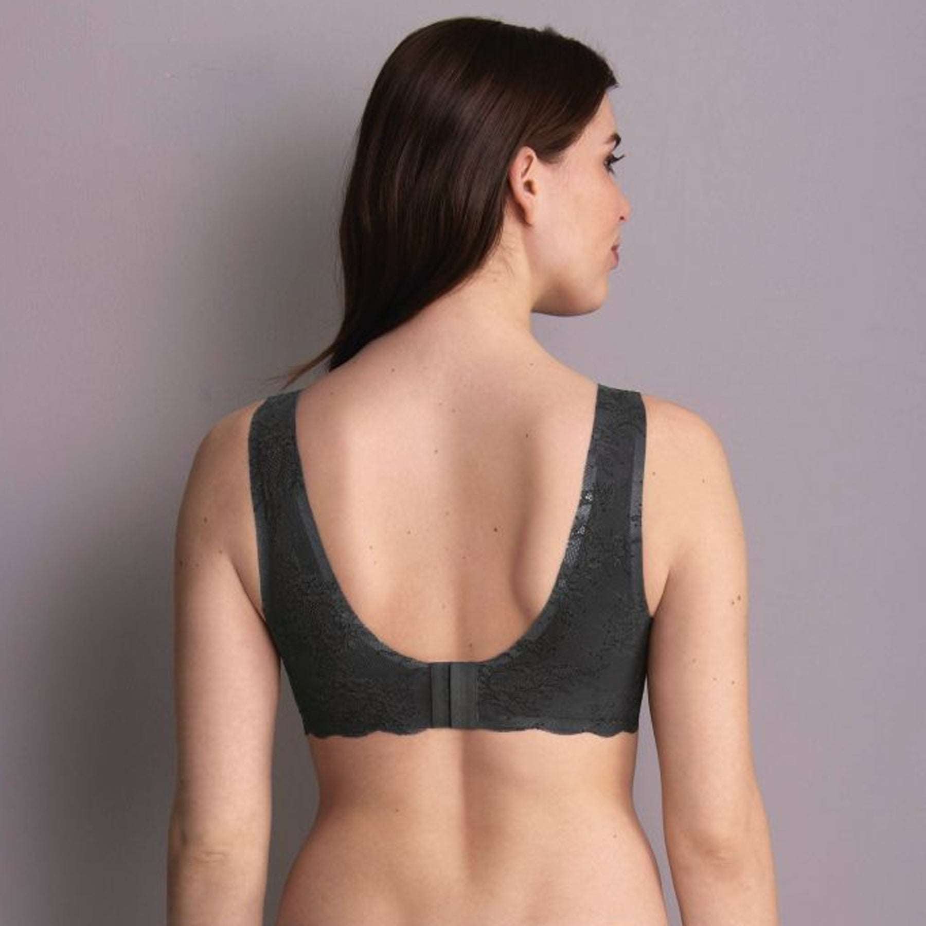 Anita Essentials Lace wireless moulded Bralette in anthracite grey, rear view on model.