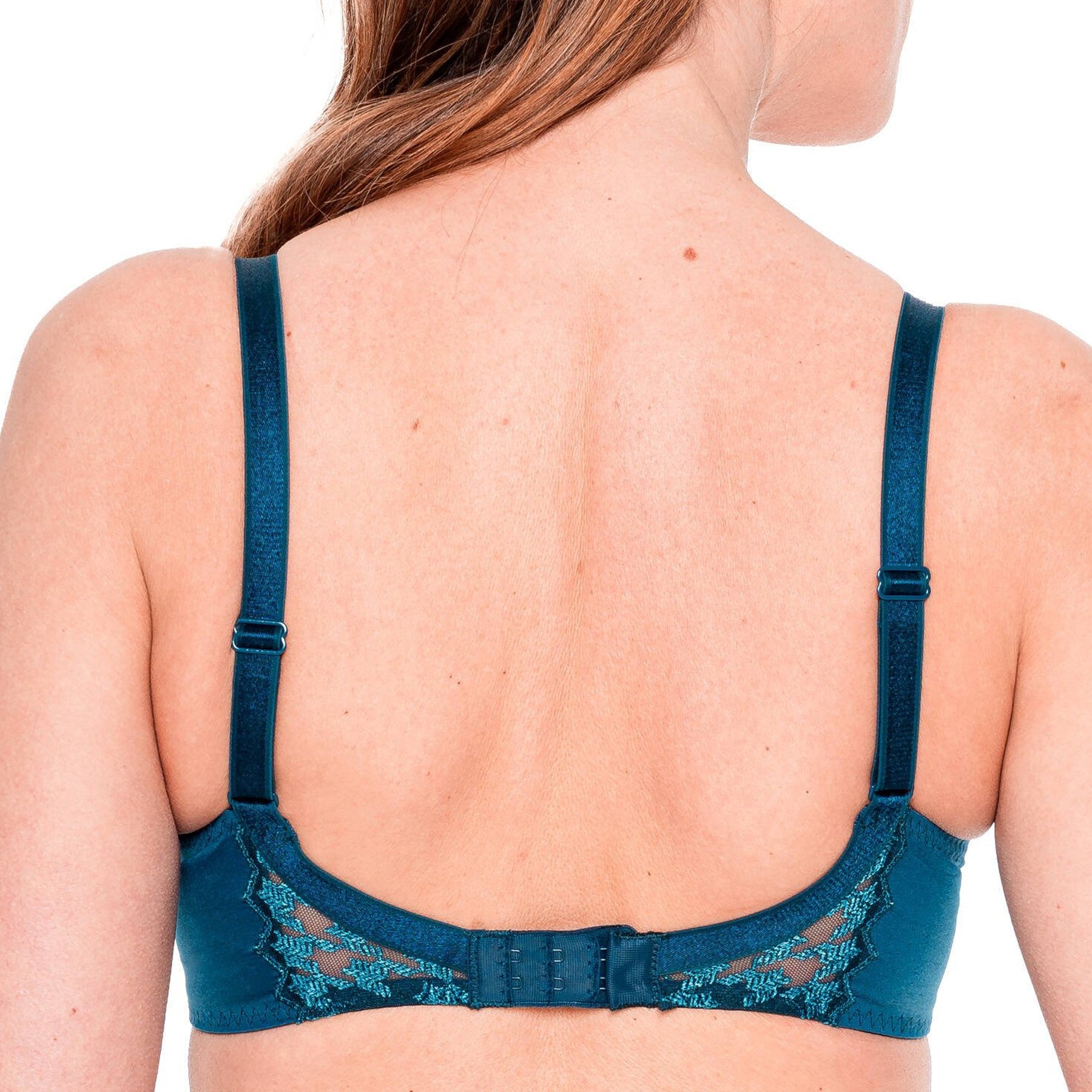 Back view of teal and navy lace bra with adjustable straps and hook-and-eye closure.