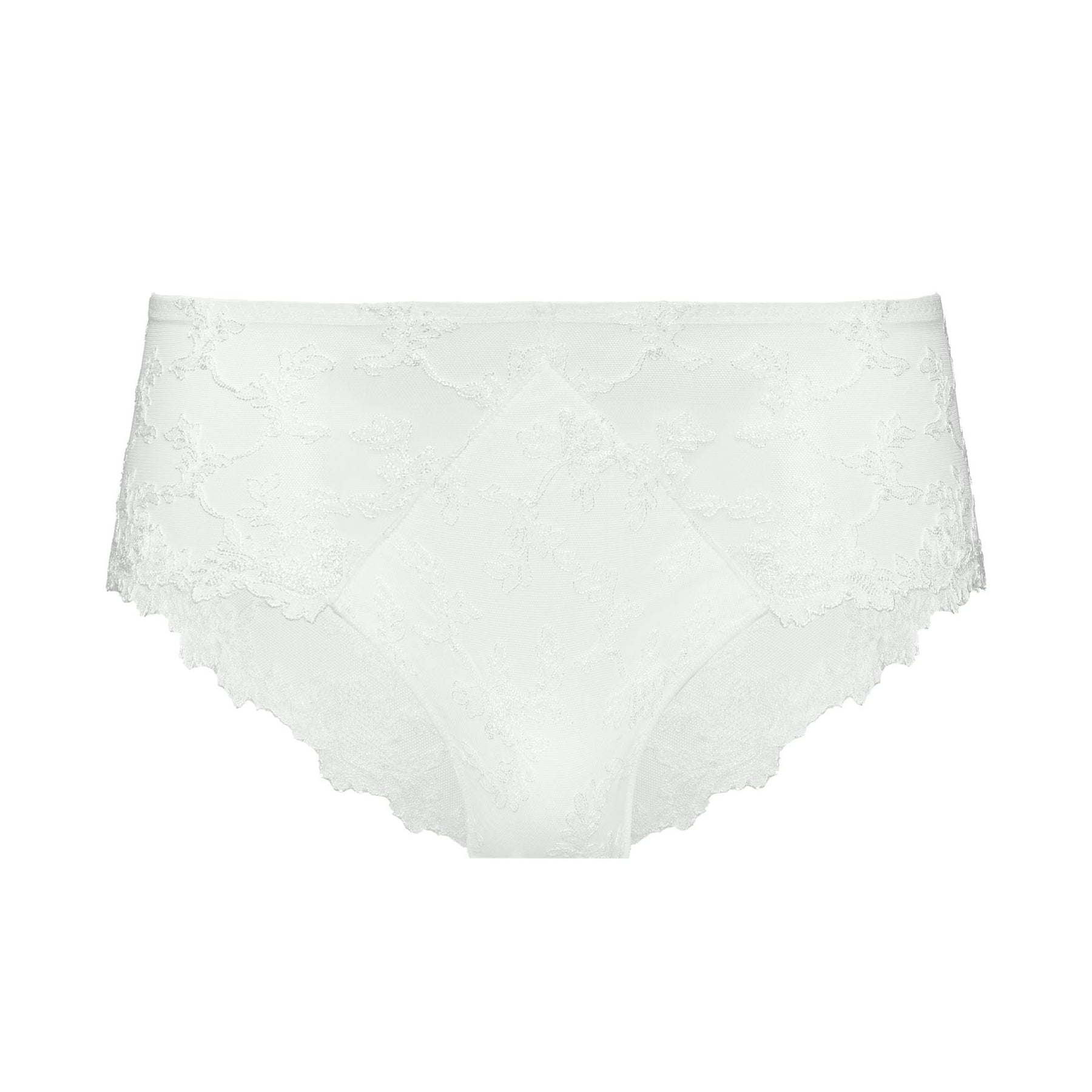 White lace shorty brief with floral embroidery, full coverage front and smooth seamless finish