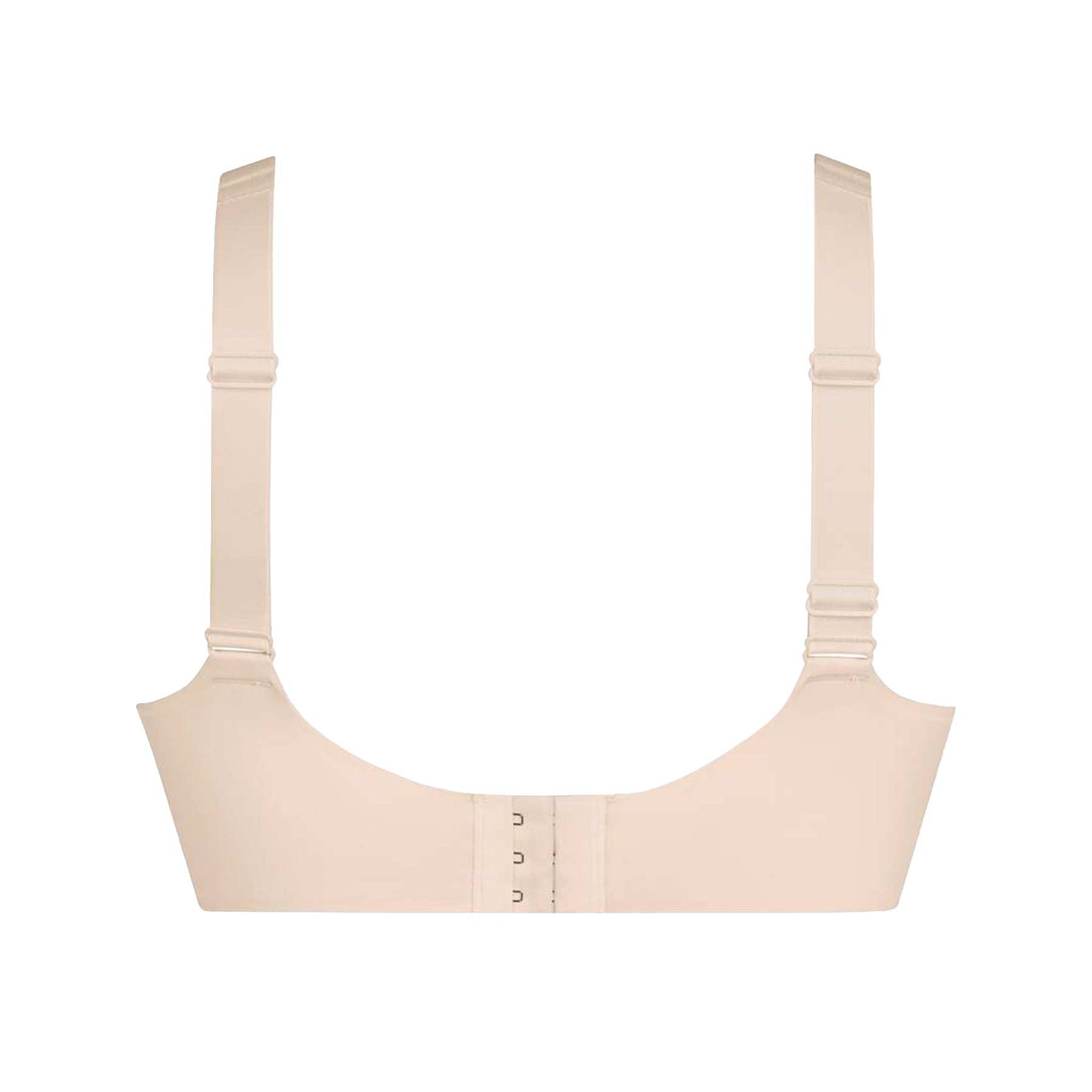 Beige wireless sports bra back view with wide straps, adjustable sliders and hook-and-eye closure for supportive fit